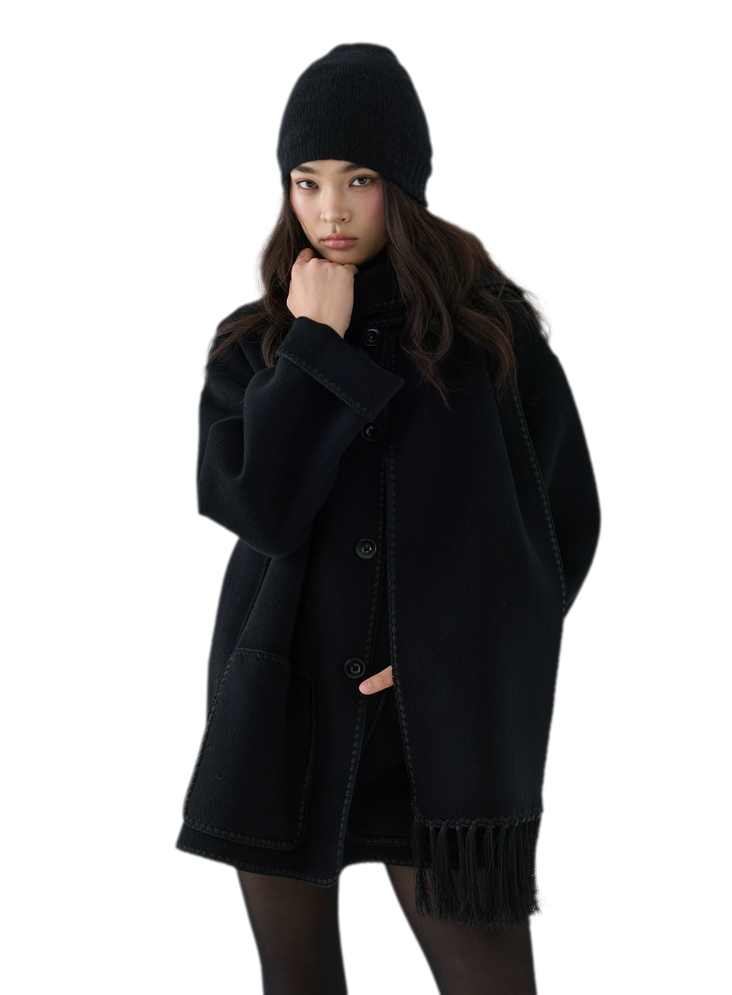 Double-Faced Wool Fringe Cape Coat