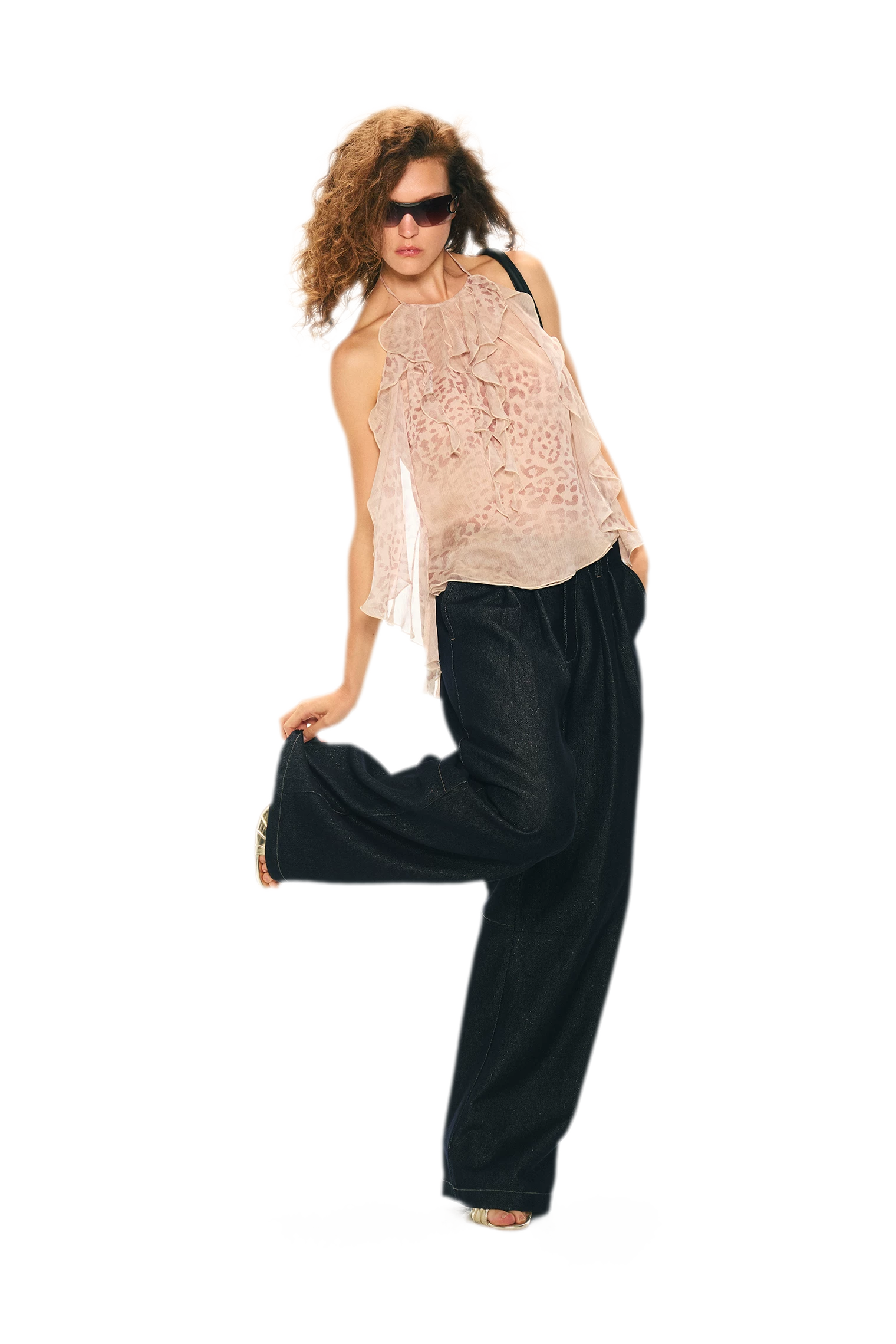Off-Shoulder Halter Chiffon Check Print Top