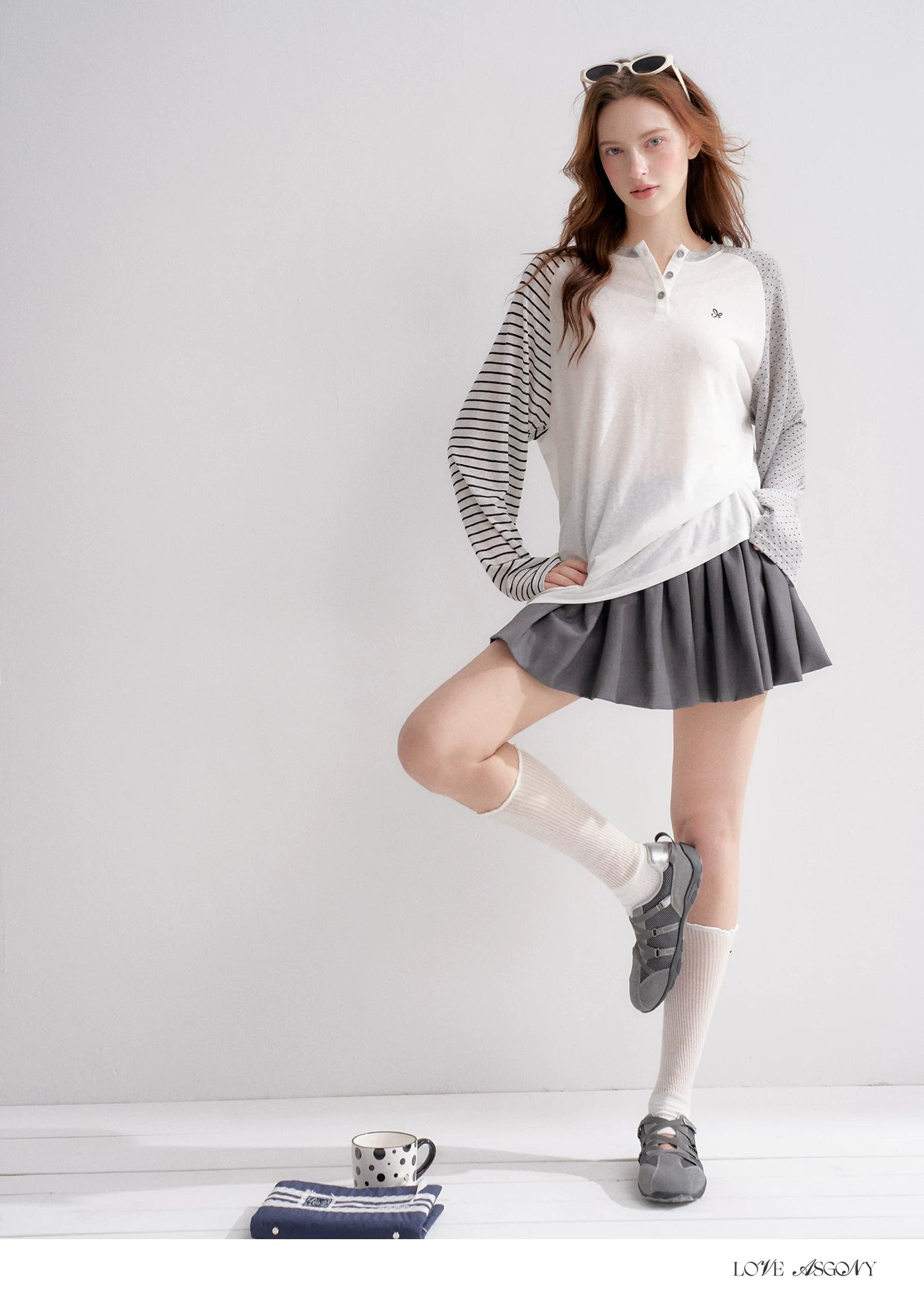 Striped Polka Dot Raglan Sleeve Long Sleeve Pullover
