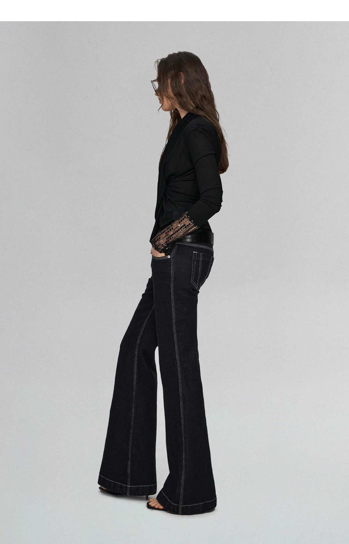 Embroidered Acetate Silk Cross-Knot Long Sleeve T-Shirt