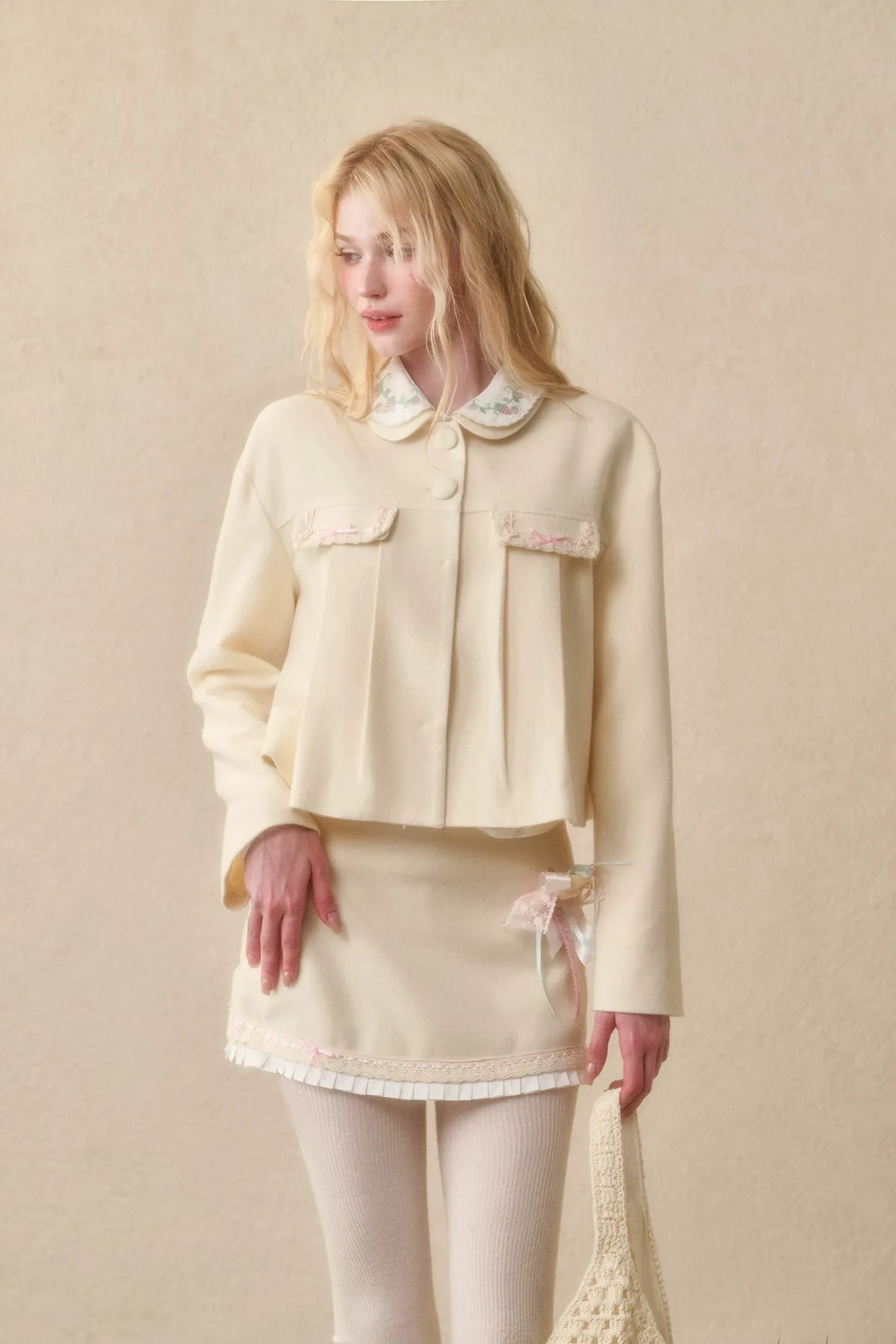 Embroidered Boxy Jacket Skirt Set