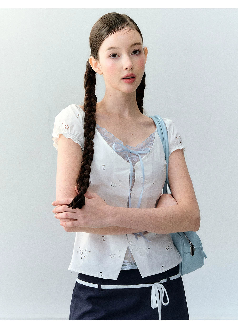 Sweet Elastic Puff Sleeve Lace Short Sleeve Top