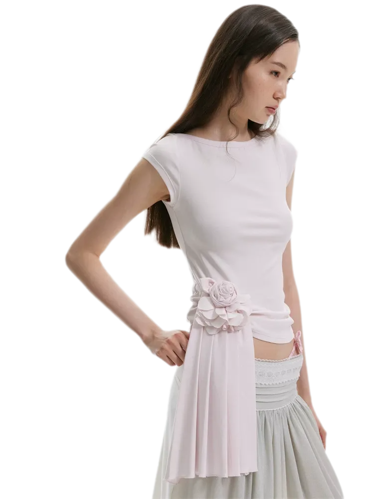 Asymmetric Flower Short Sleeve Top