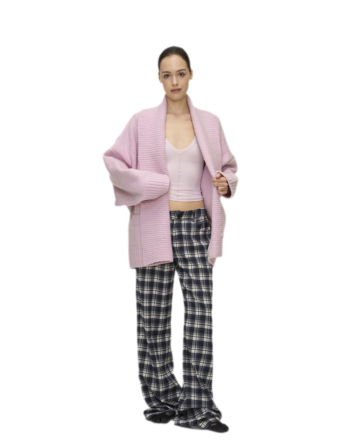 Brushed Plaid Wide-Leg Pants