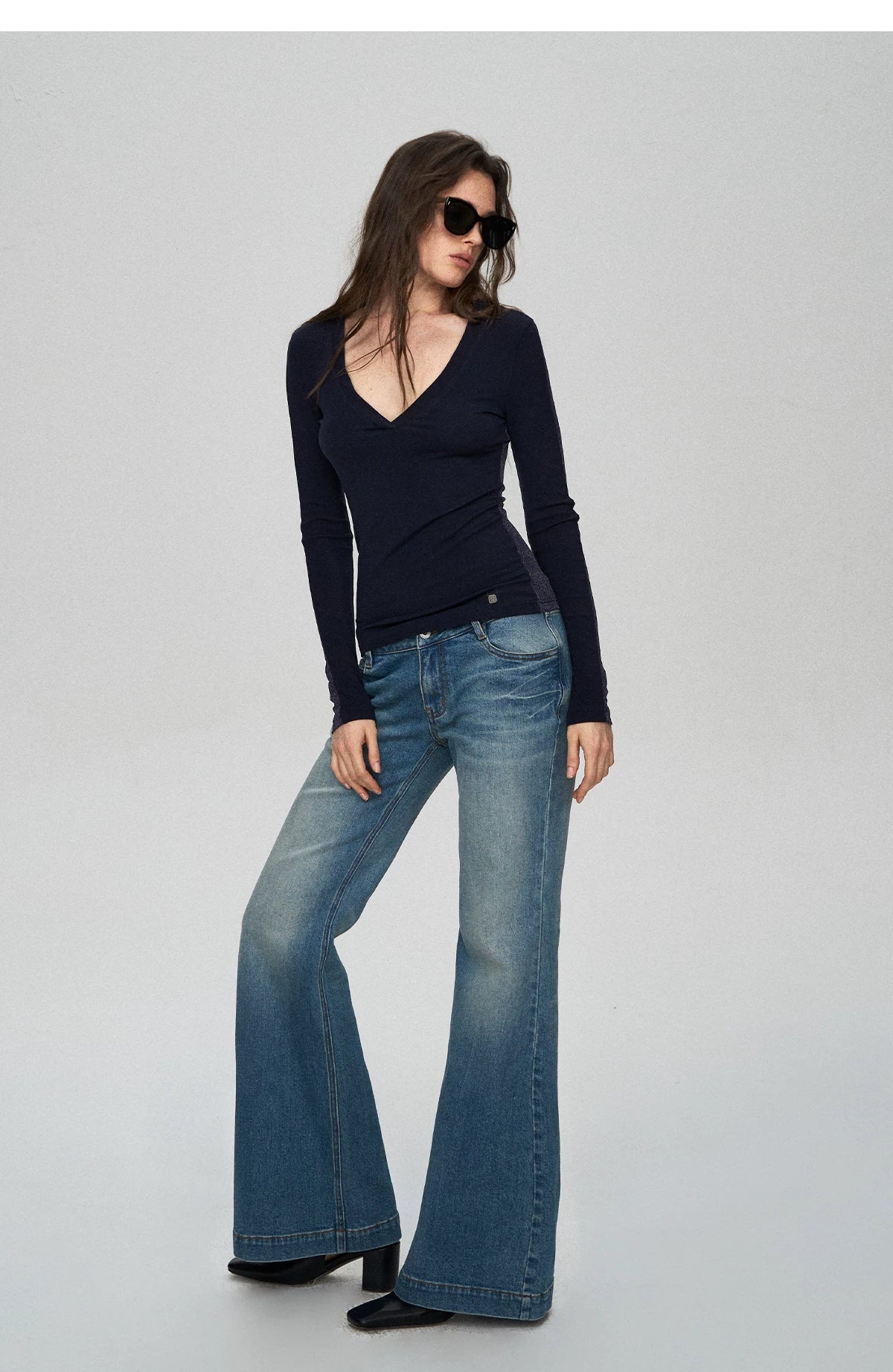 Wool Lyocell V-Neck Long Sleeve Top with Lace