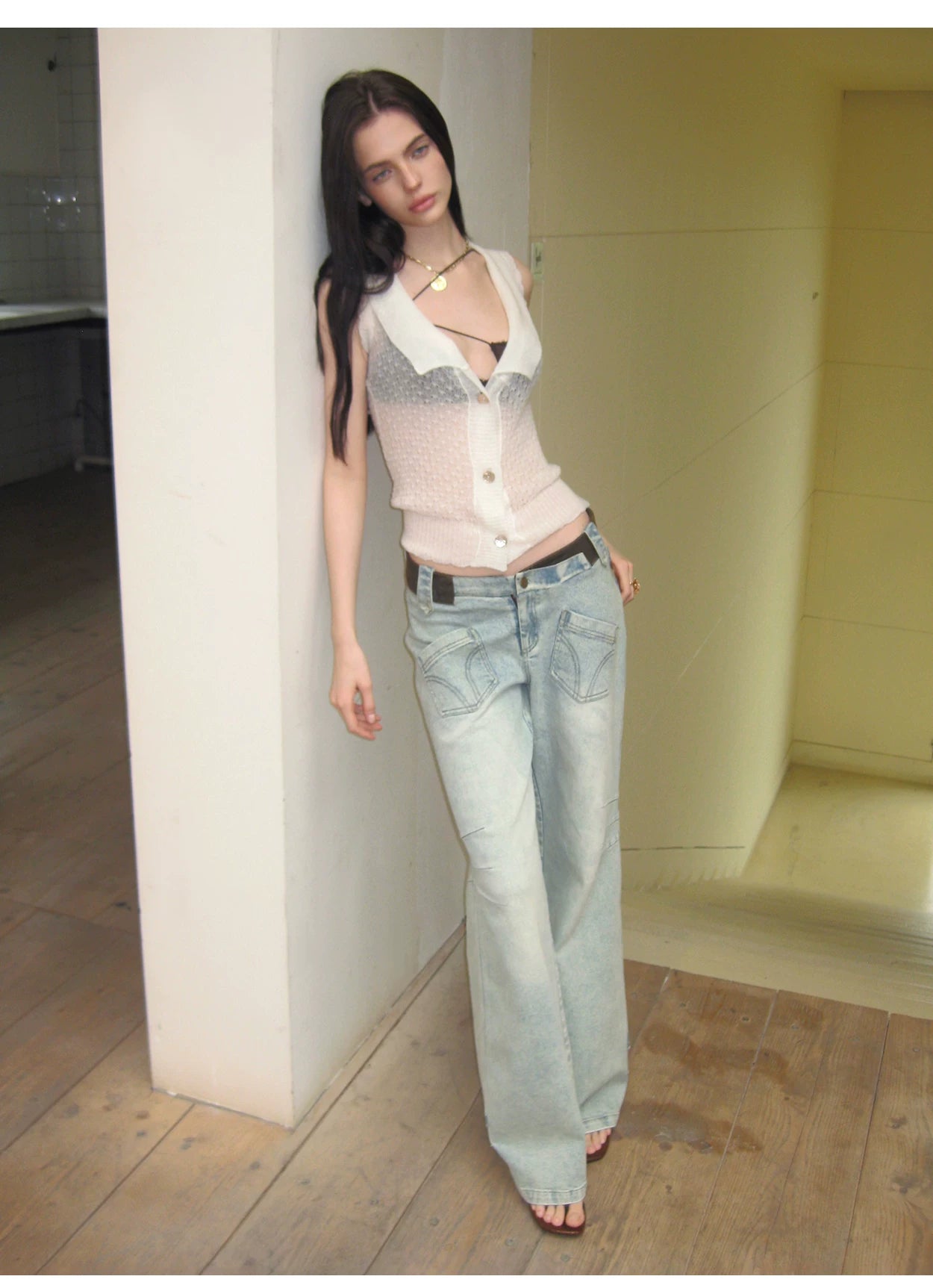 Vintage V-Waist Washed Blue Suede Patch Jeans
