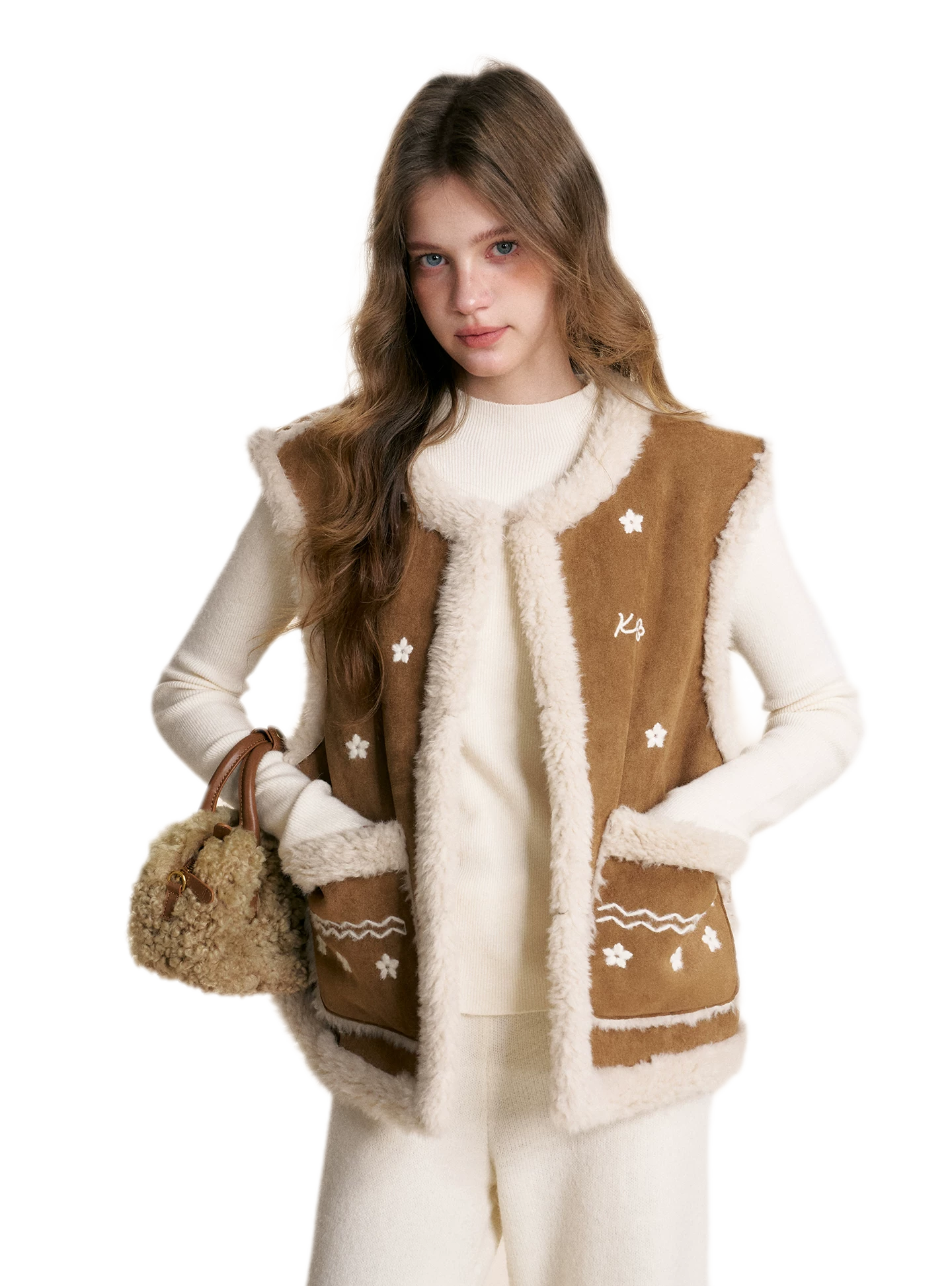 Shearling Floral Embroidered Vest