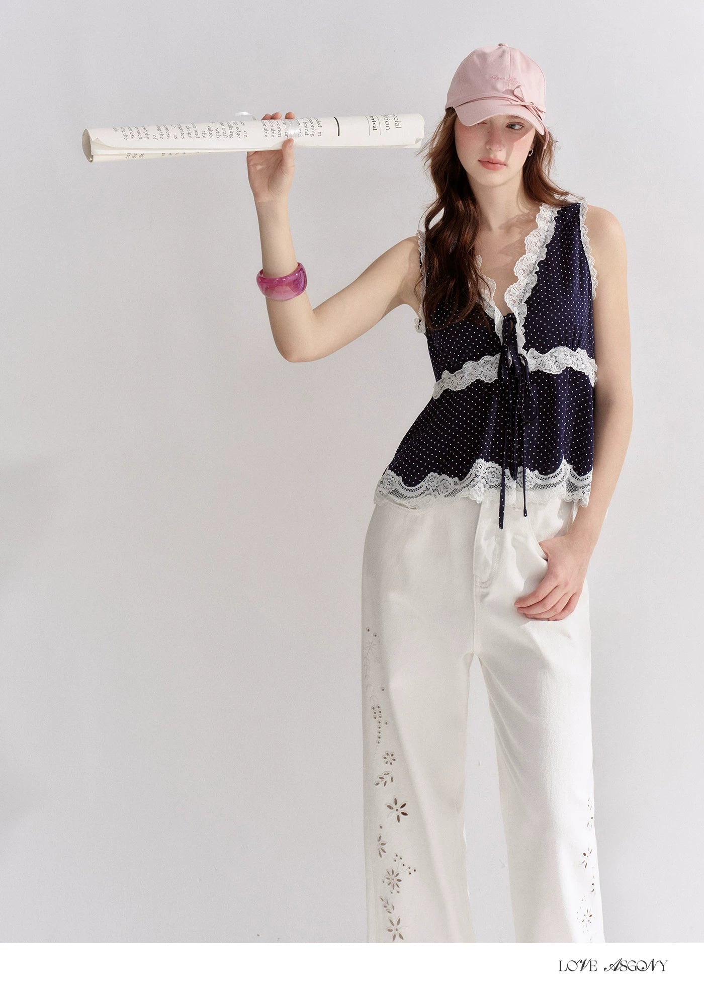 V-Neck Lace Polka Dot Waist-Defined Sleeveless Top