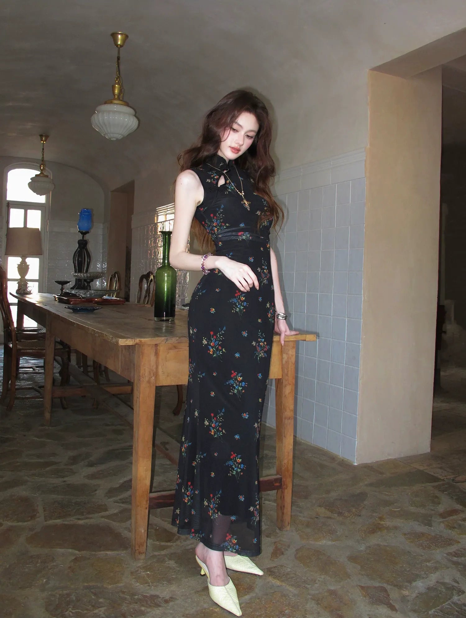 Dark Floral Mesh Qipao Dress