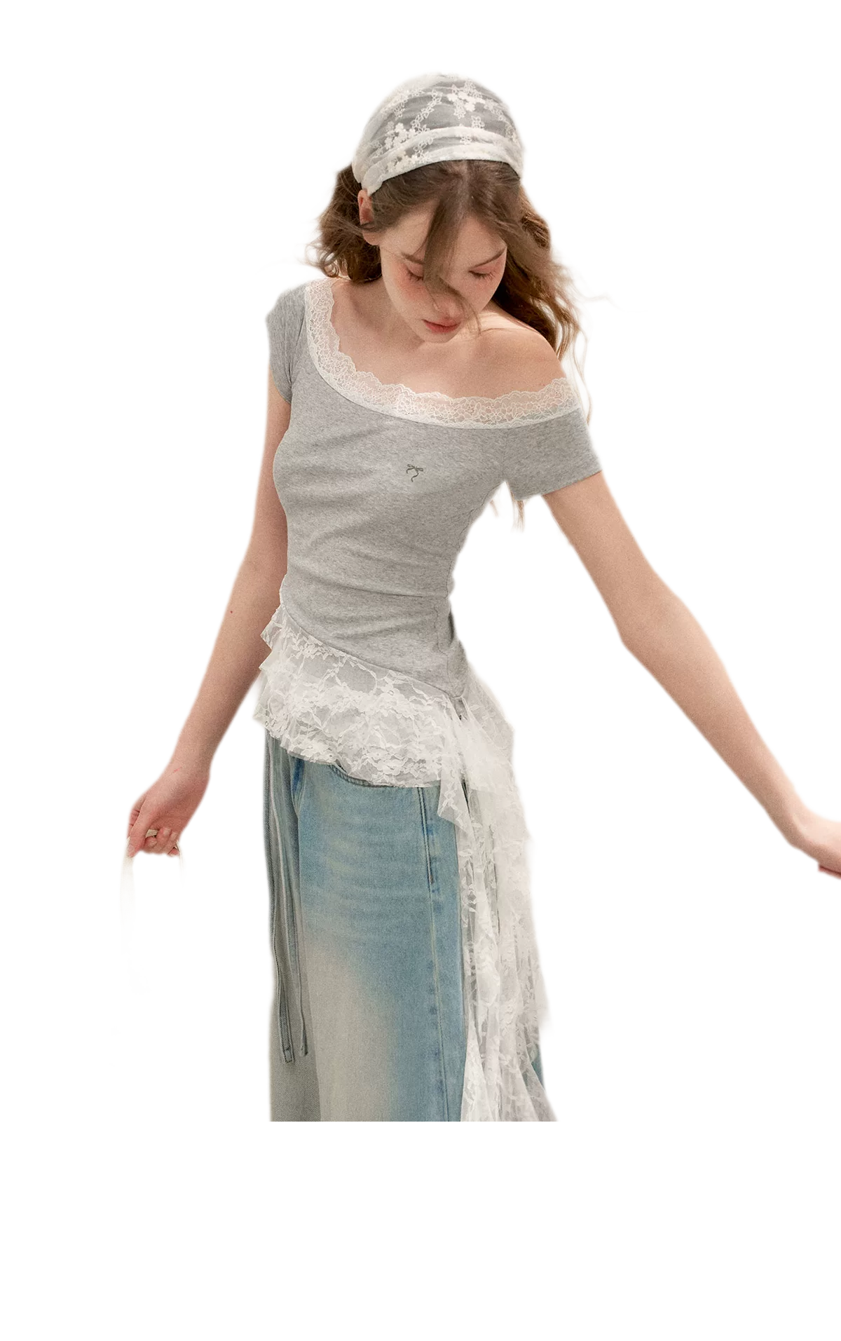 Asymmetric Lace Off-Shoulder T-Shirt