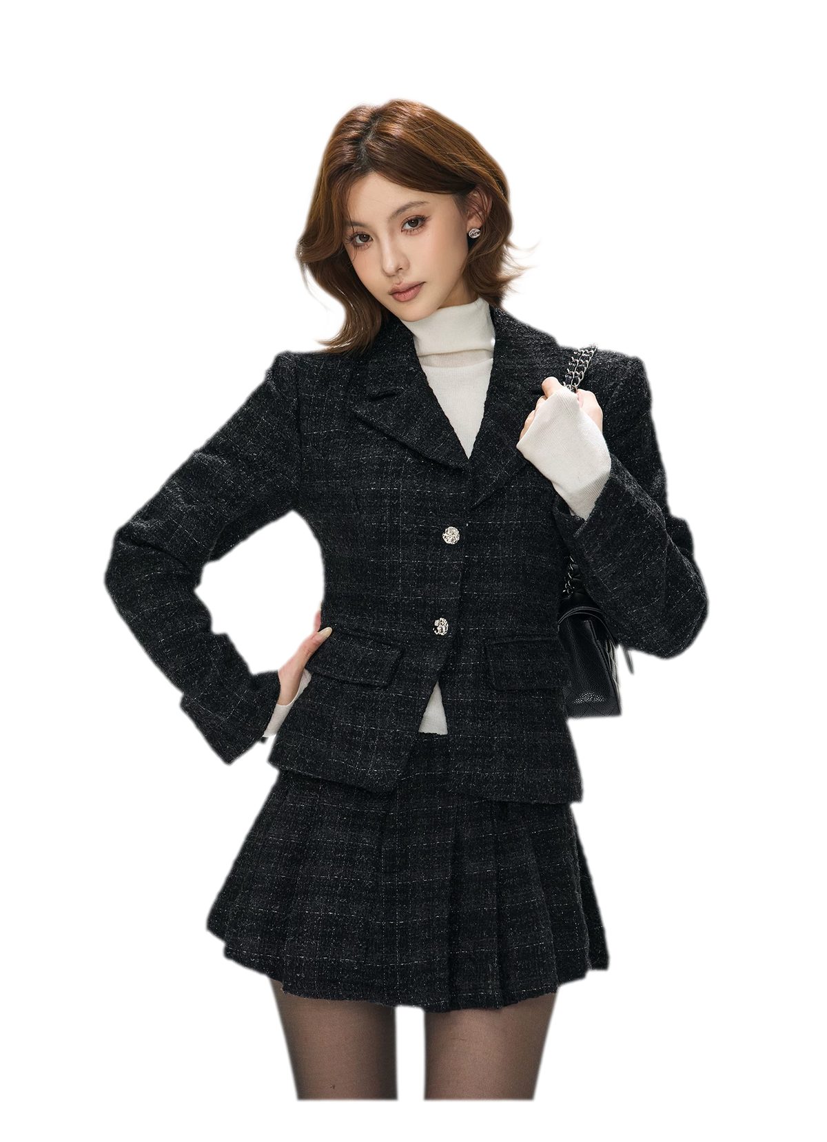 Tweed Jacket Pleated Skirt Set