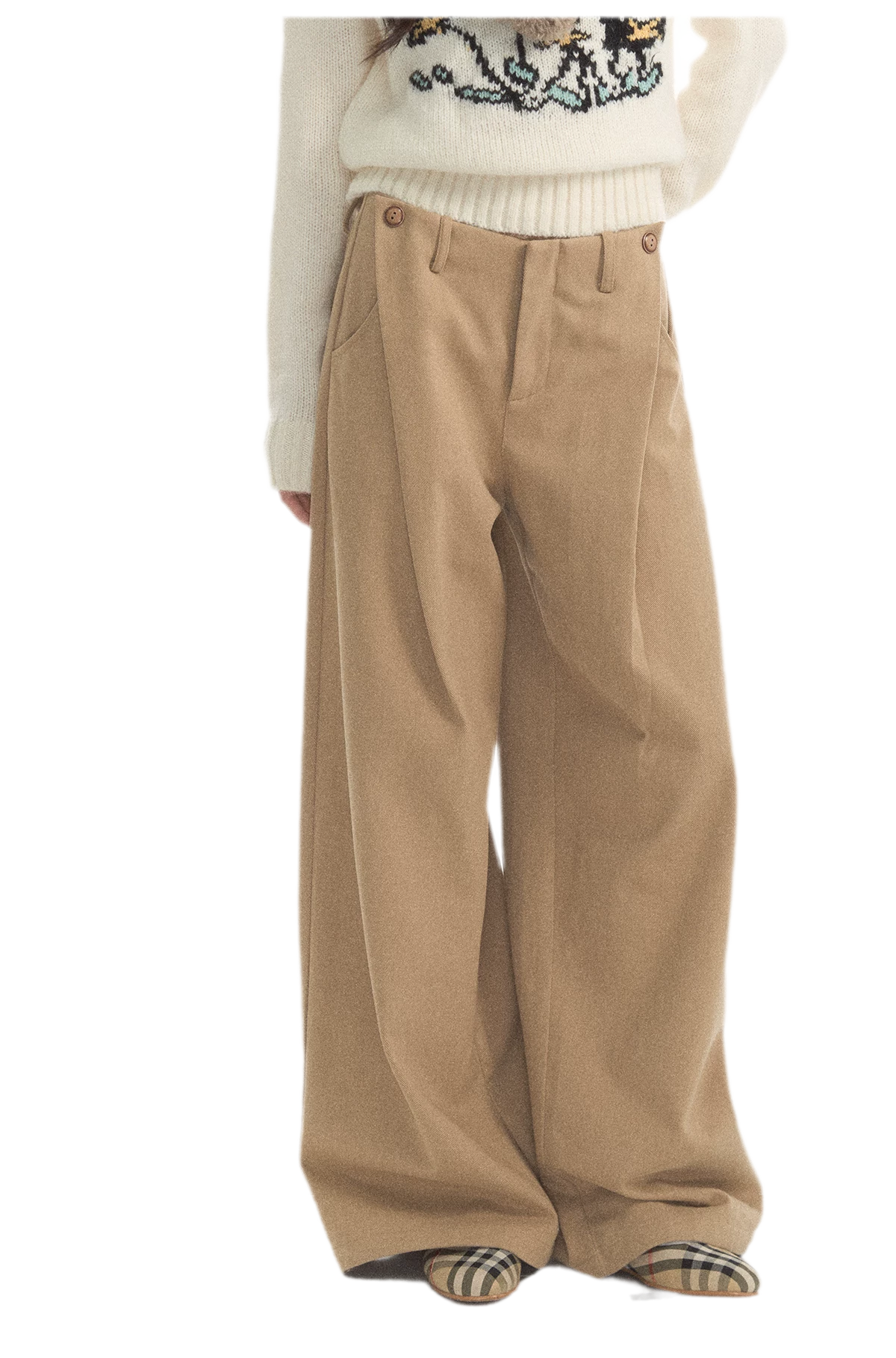 Geplooide broek met wijde pijpen van wolachtige stof
