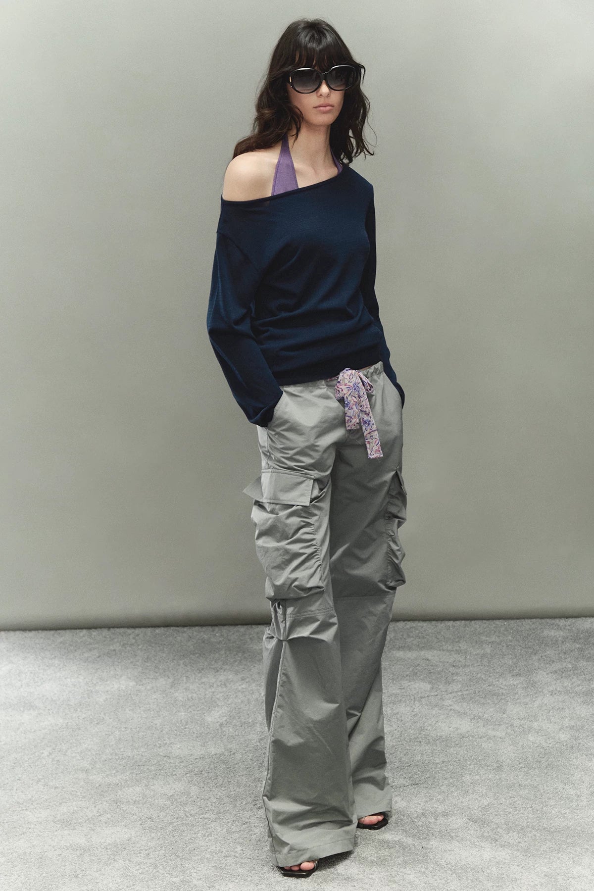 Printed Waistband Drawstring Multi-Pocket Low-Waist Cargo Pants
