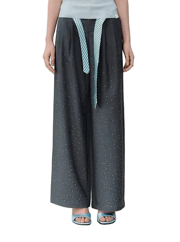 Rhinestone Pleated Waistband Wide-Leg Pants