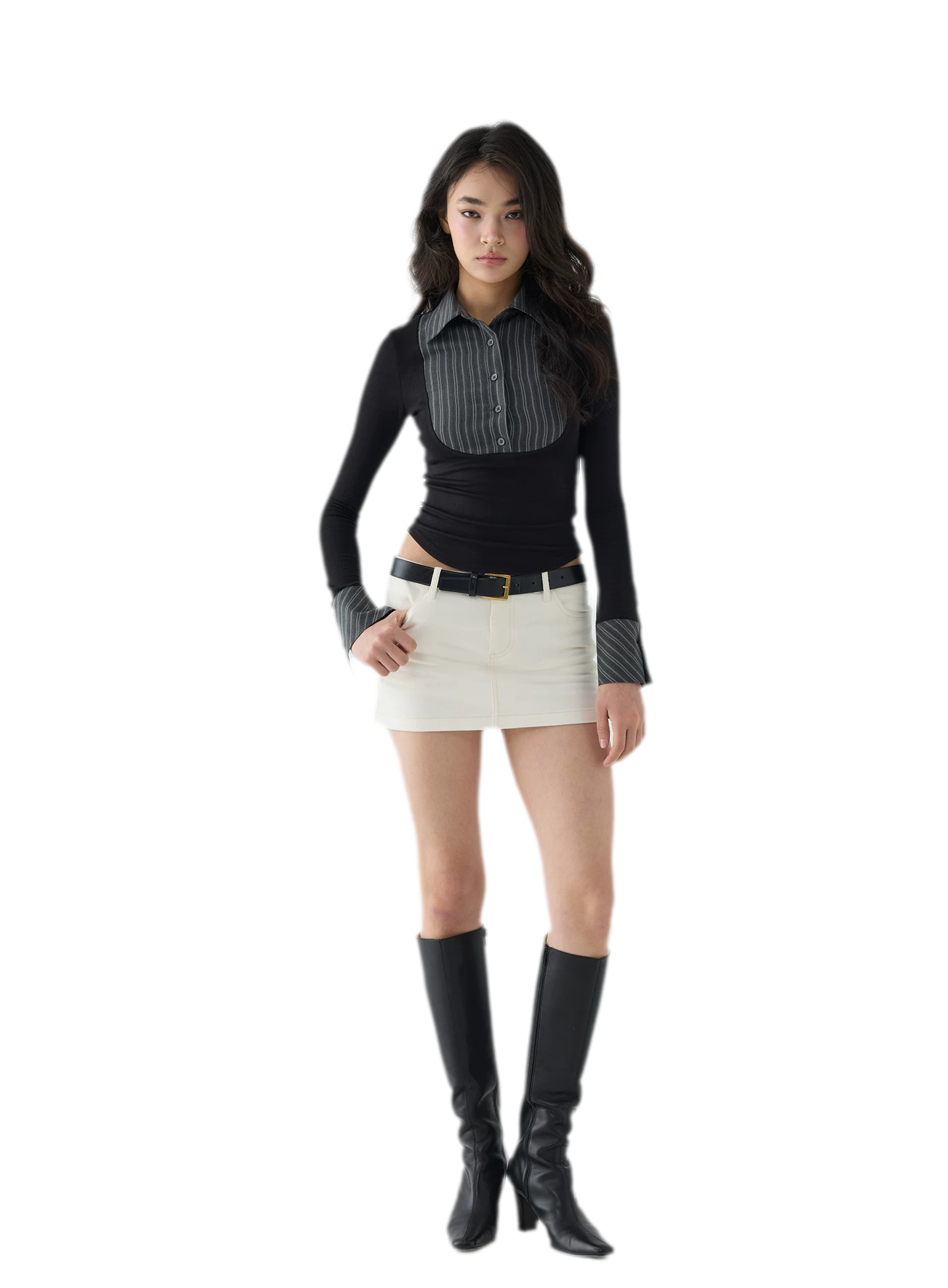 Striped Contrast Collar Shirt Top