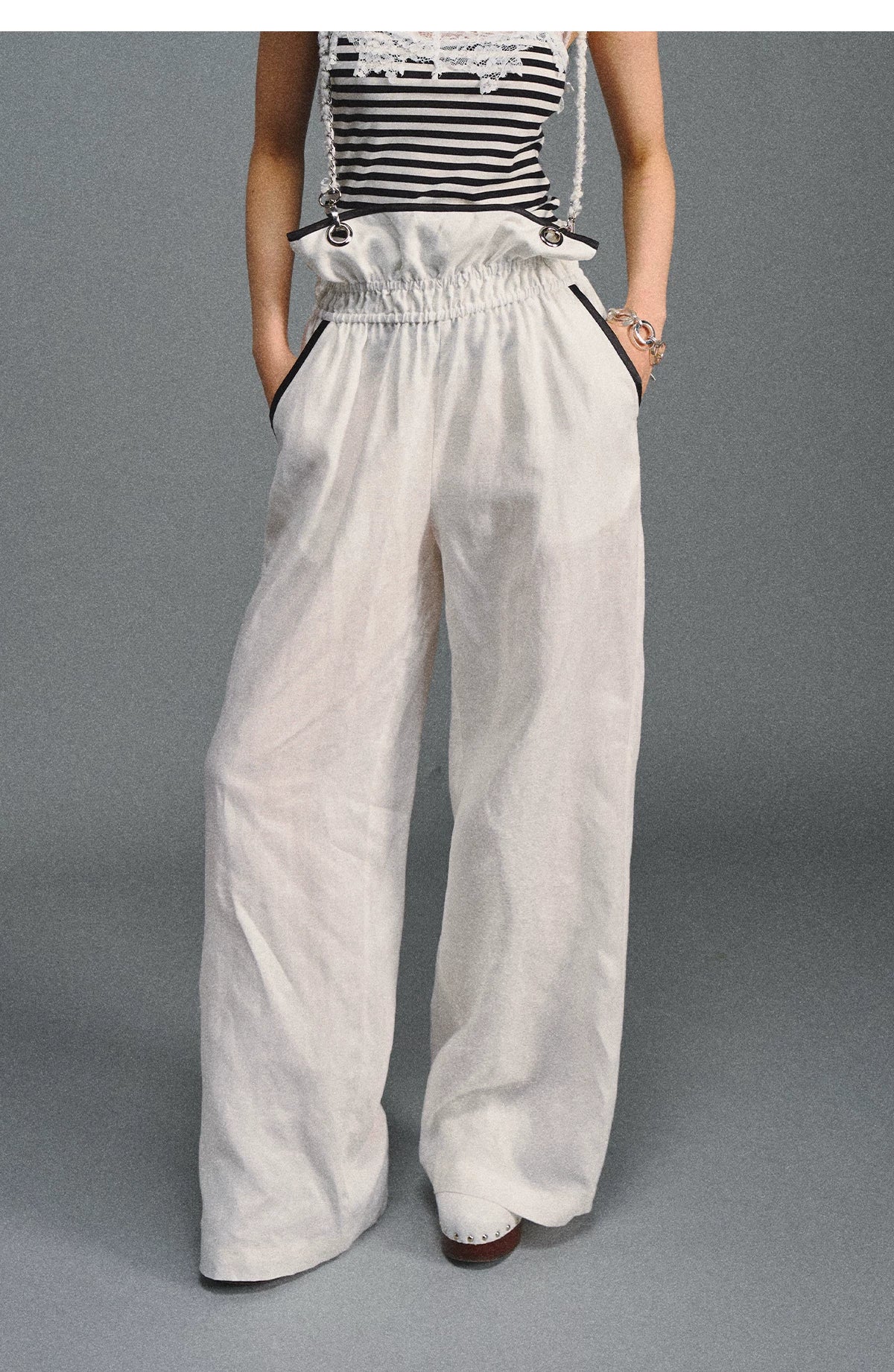 Tencel Linen Contrast Satin Trim Wide-Leg Pants