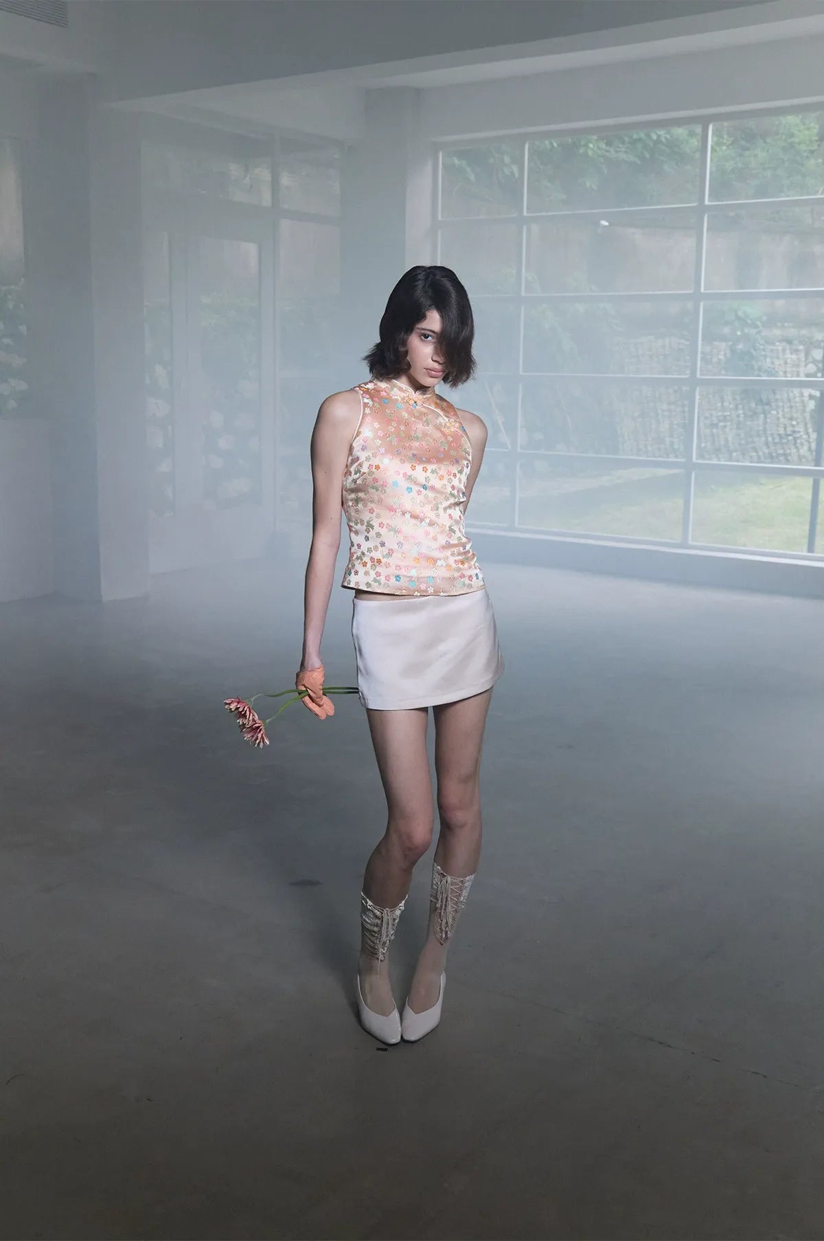 Glossy Floral Mandarin-Collar Qipao