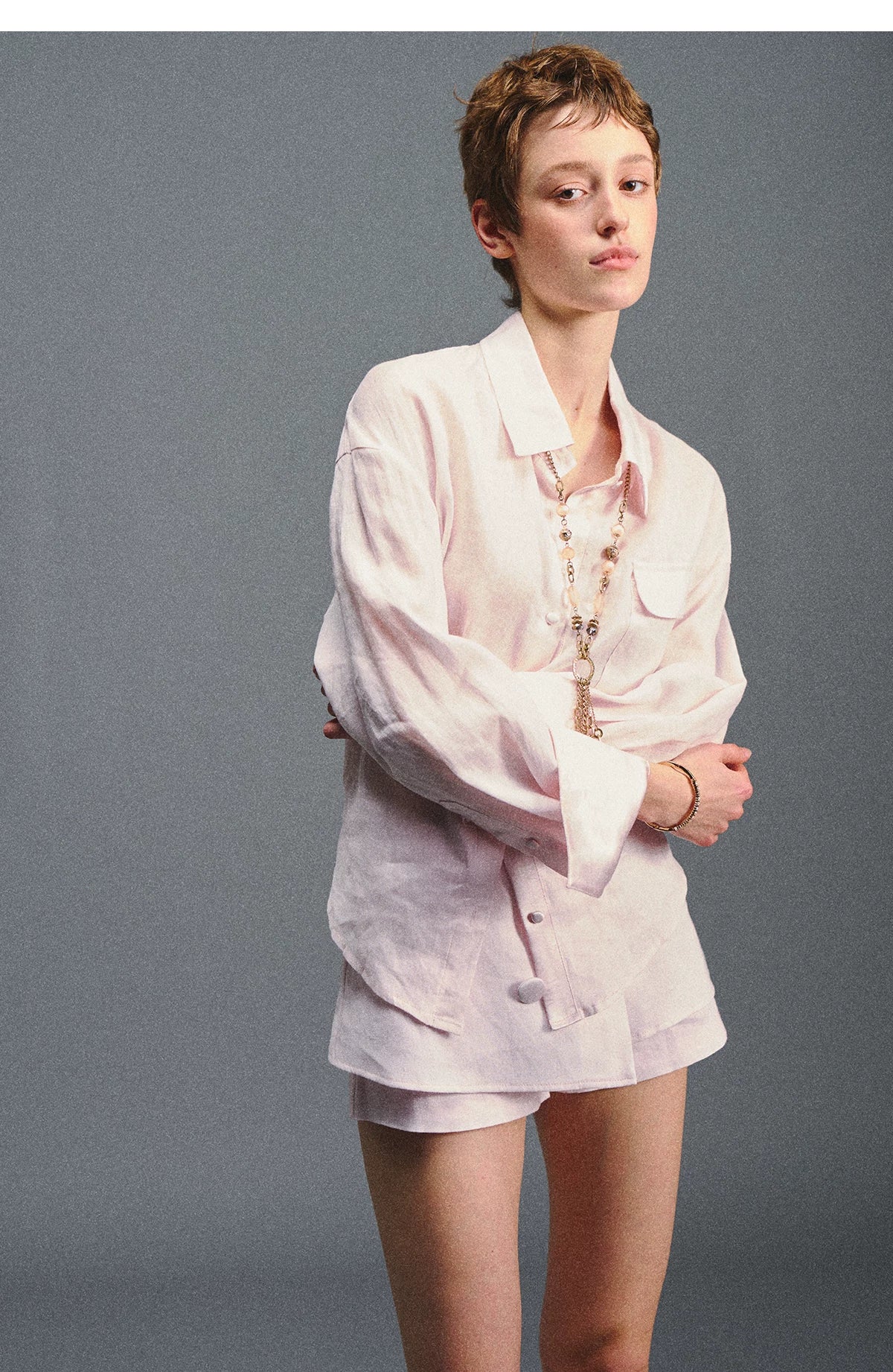 Linen Satin Waist-Cinched Shirt & Skirt Set