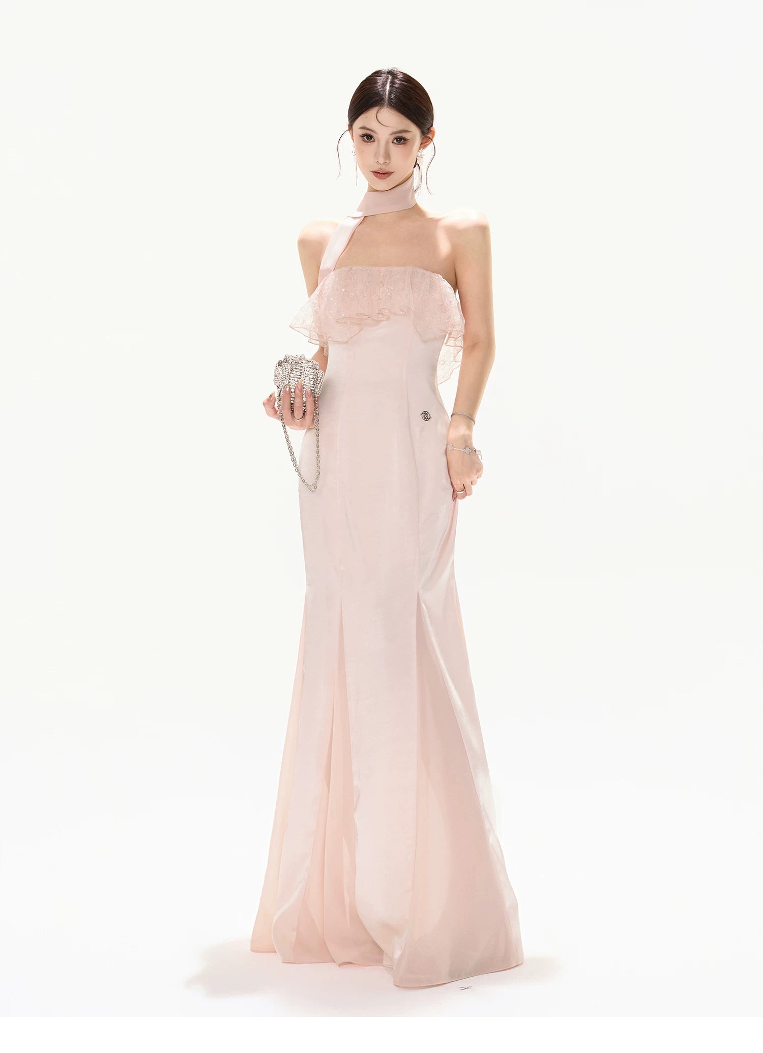 Strapless Lace Ruffle Fishtail Long Dress in Champagne