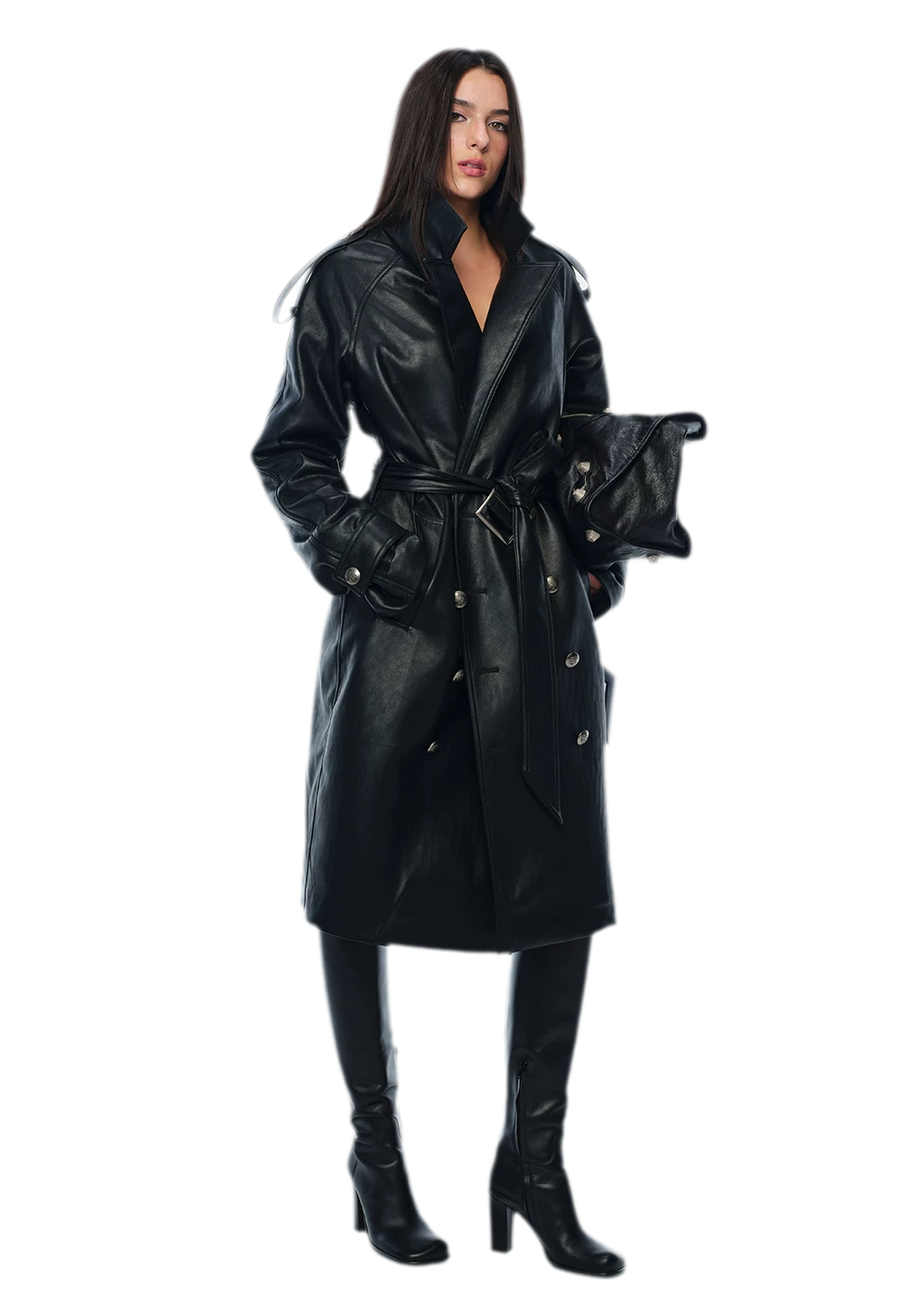 PU Leather Belted Trench Coat
