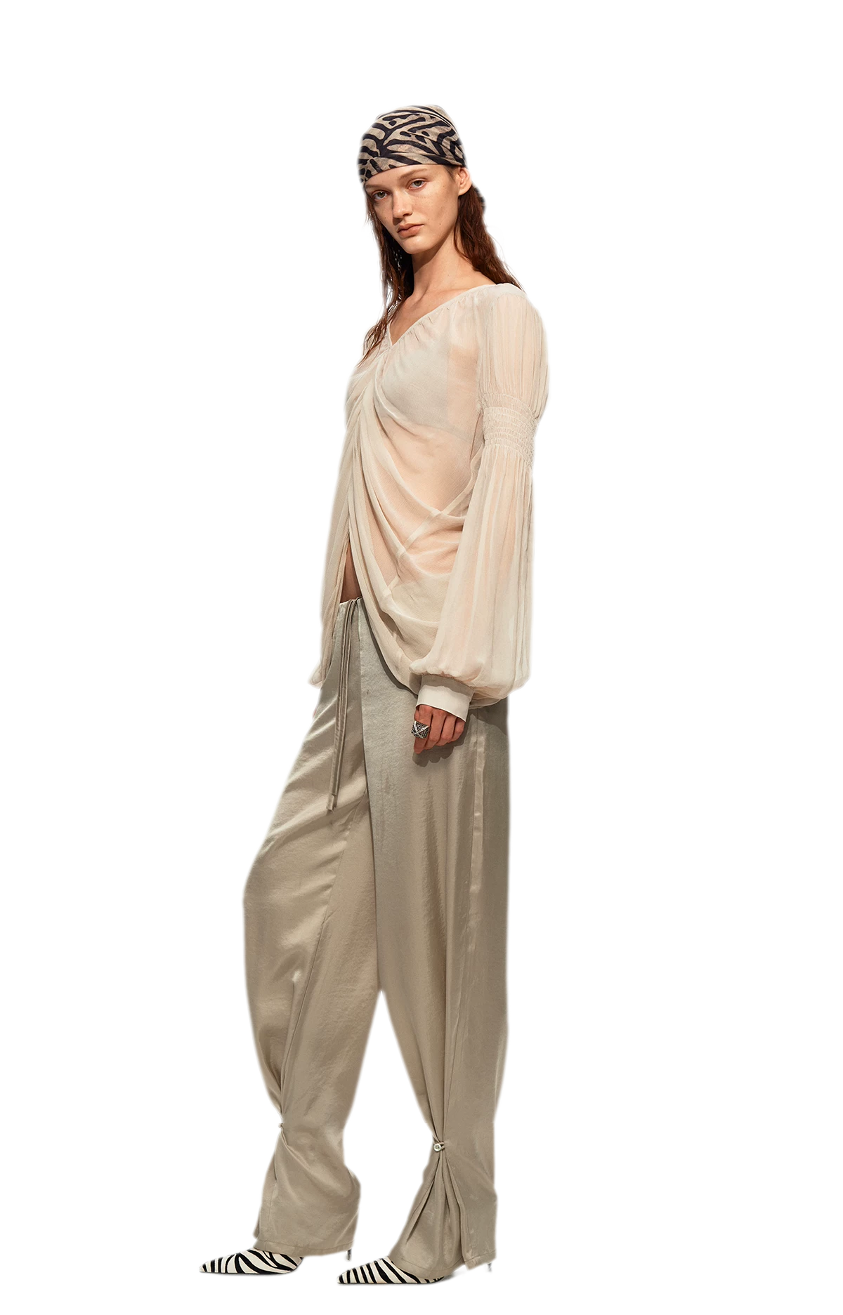 Pleated Bubble Sleeve Chiffon Blouse