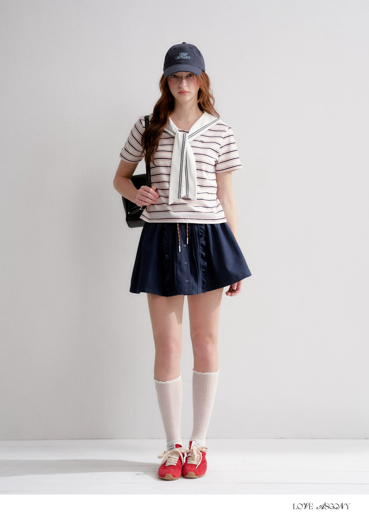 Navy Sailor Collar Tie-Striped Short T-shirt