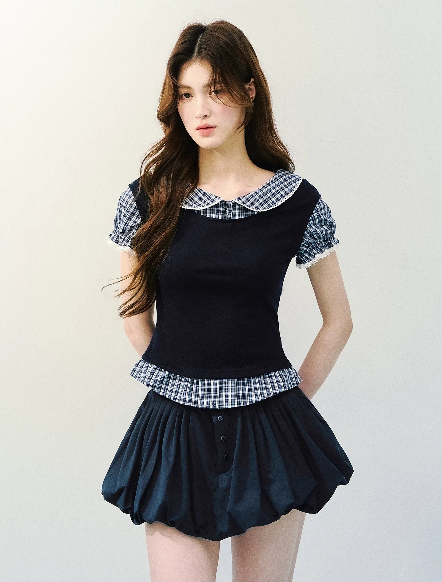 Navy Petal Pleated Skirt