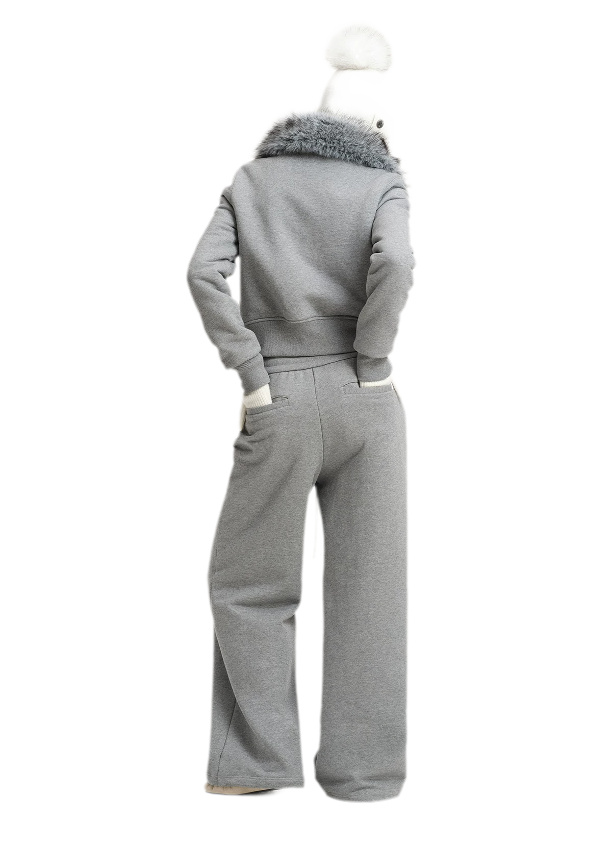 Conjunto de sudadera corta con cuello de pelo sintético