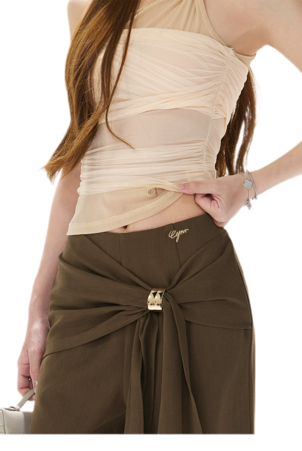 Beaded Ruched Mesh Top
