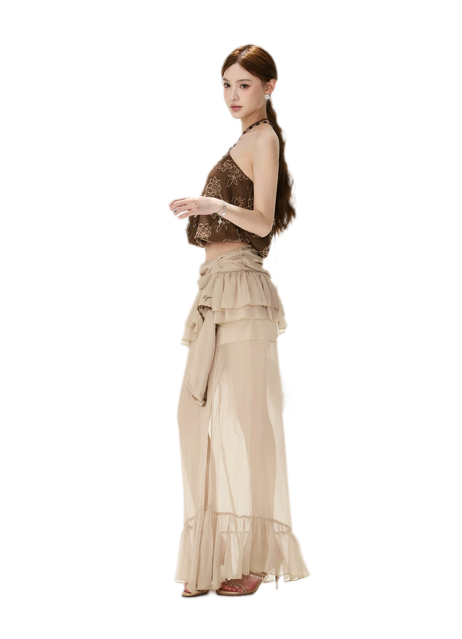 CYNR Sheer Ruffle High-Slit Skirt – view 12