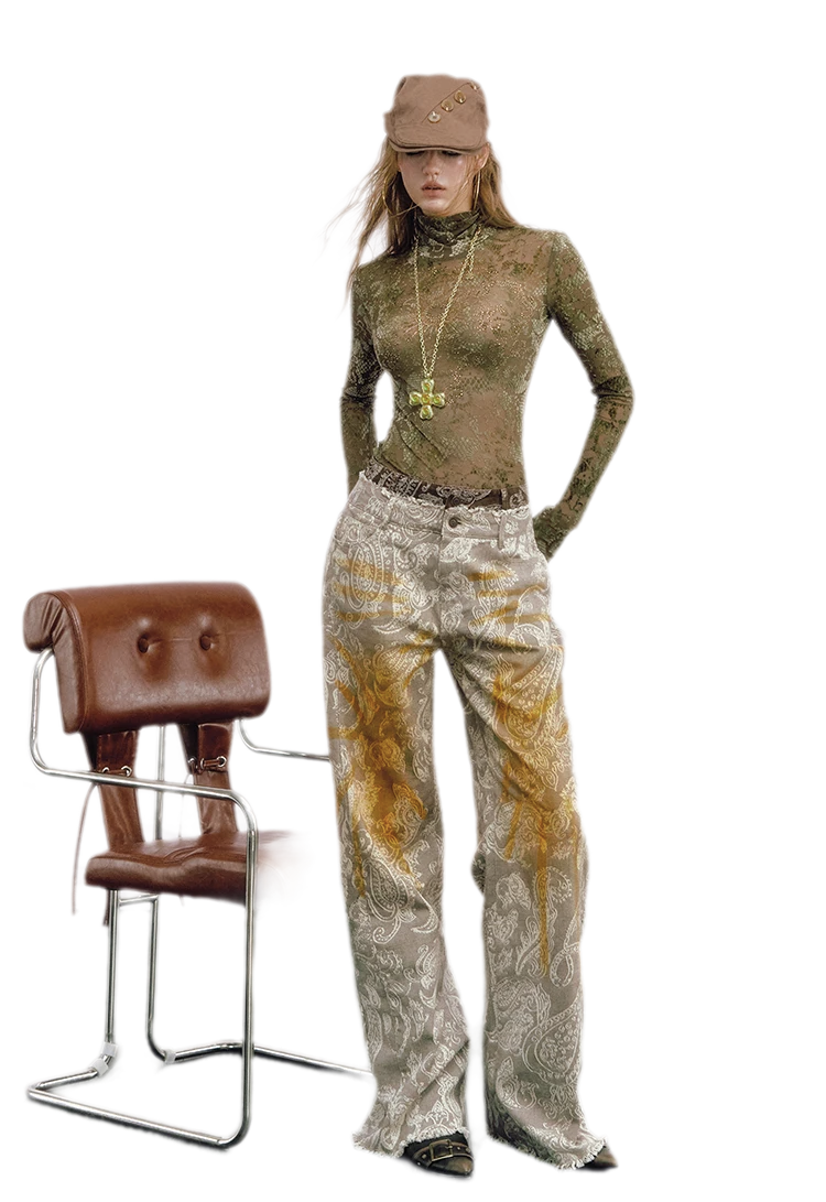 Paisley Double-Waist Frayed Jeans