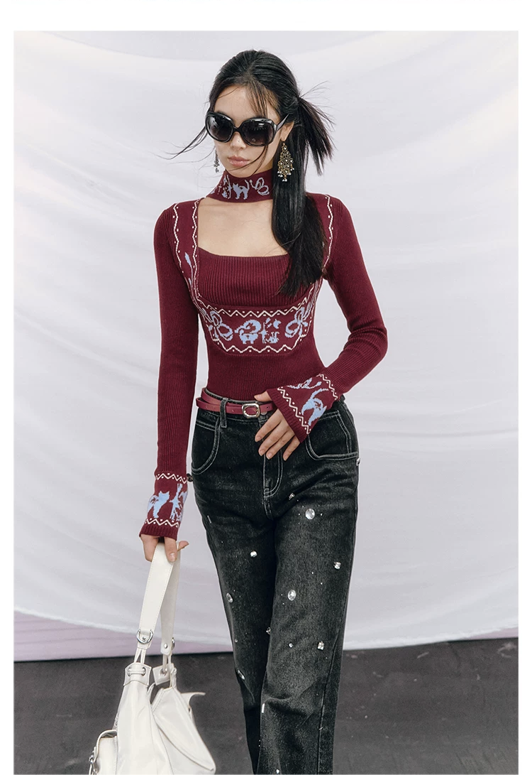 Fair Isle Square-Neck Knit Top