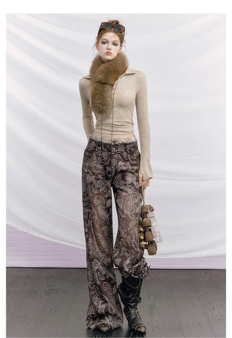 Paisley Double-Waist Frayed Jeans