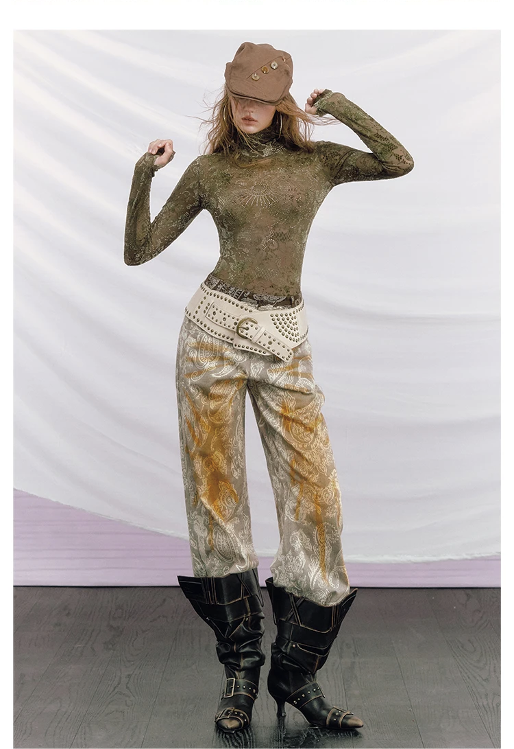 Paisley Double-Waist Frayed Jeans