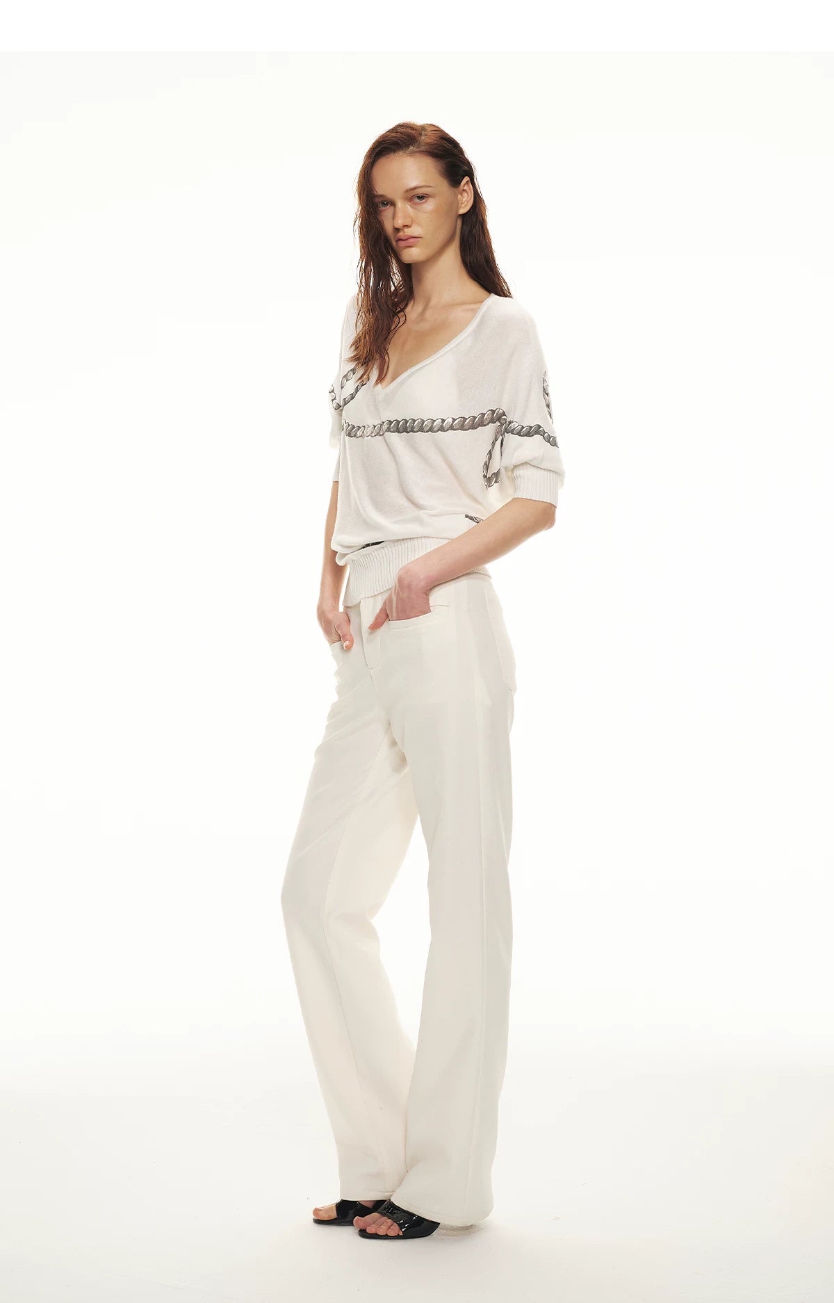 Sheer Asymmetric Chain Print Pullover Top