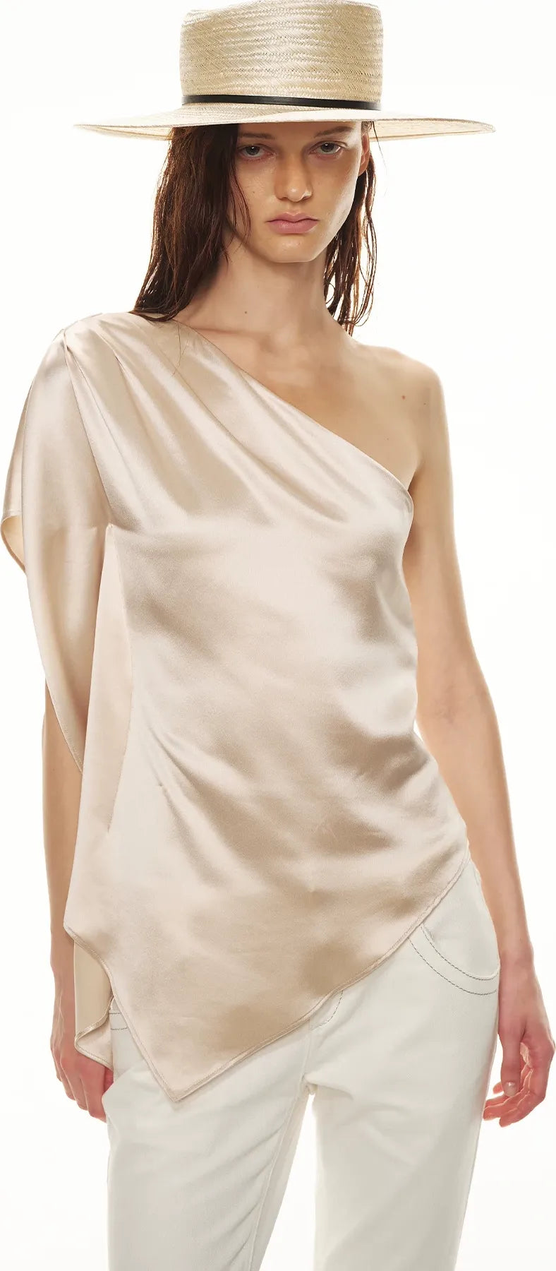 Asymmetric One-Shoulder Waist-Slimming Top in Apricot