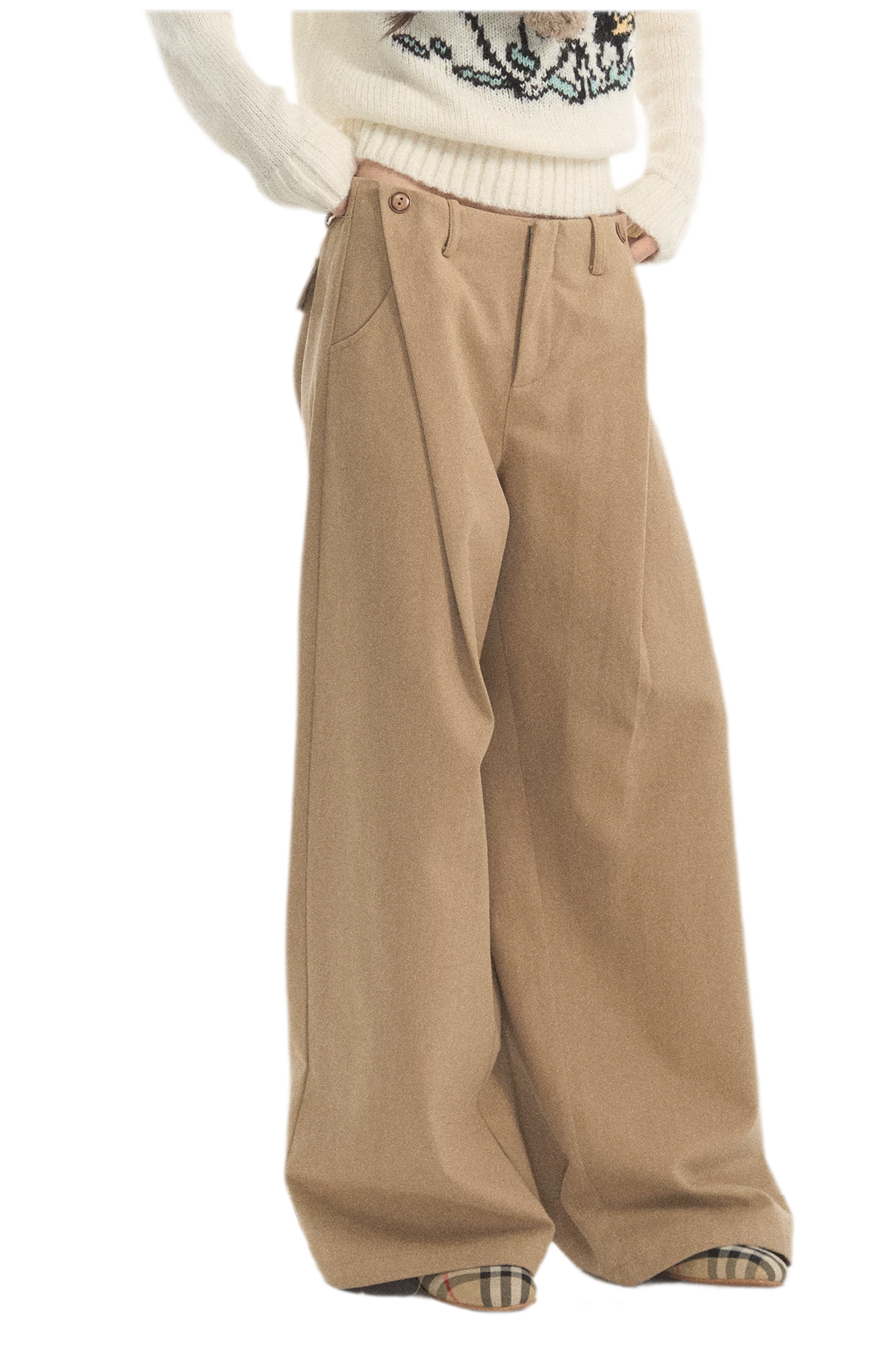 Geplooide broek met wijde pijpen van wolachtige stof