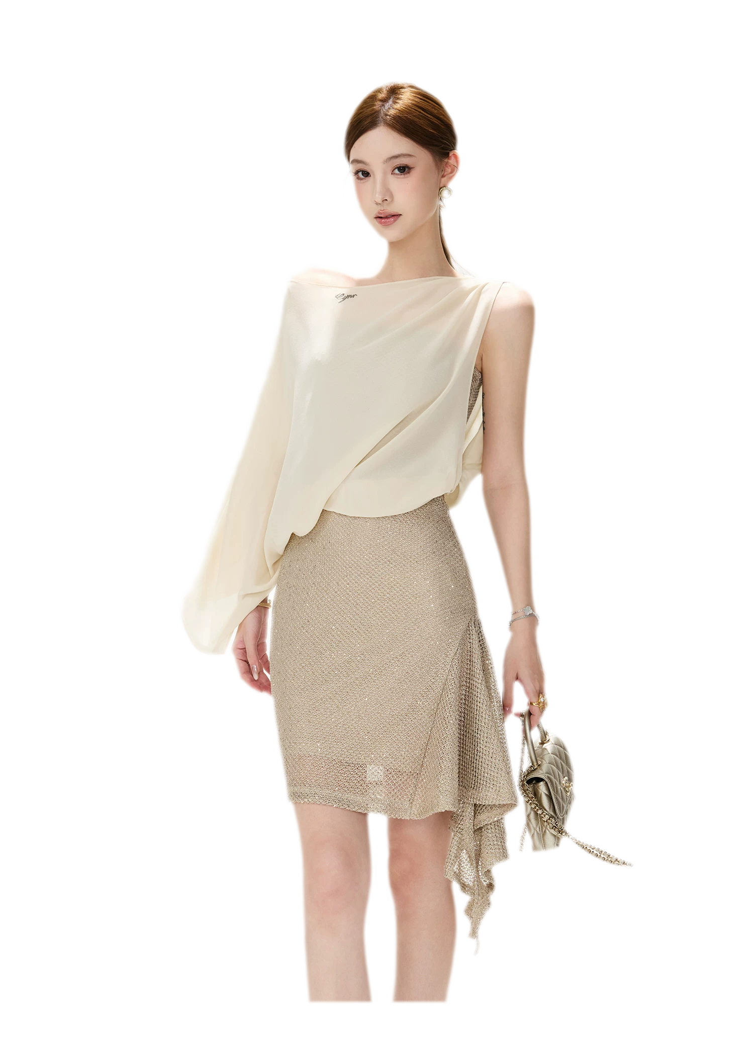 CYNR Sheer Drape Off-Shoulder Dress – view 14
