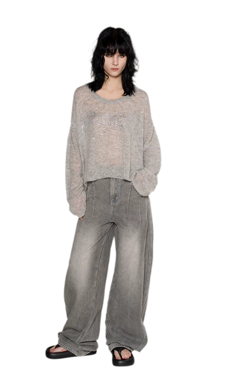 Pullover in mohair effetto consumato con strass