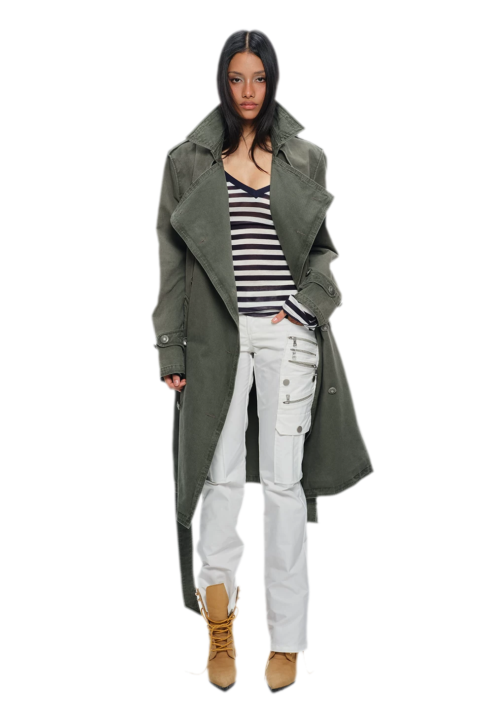 Washed Military Green Trench Coat