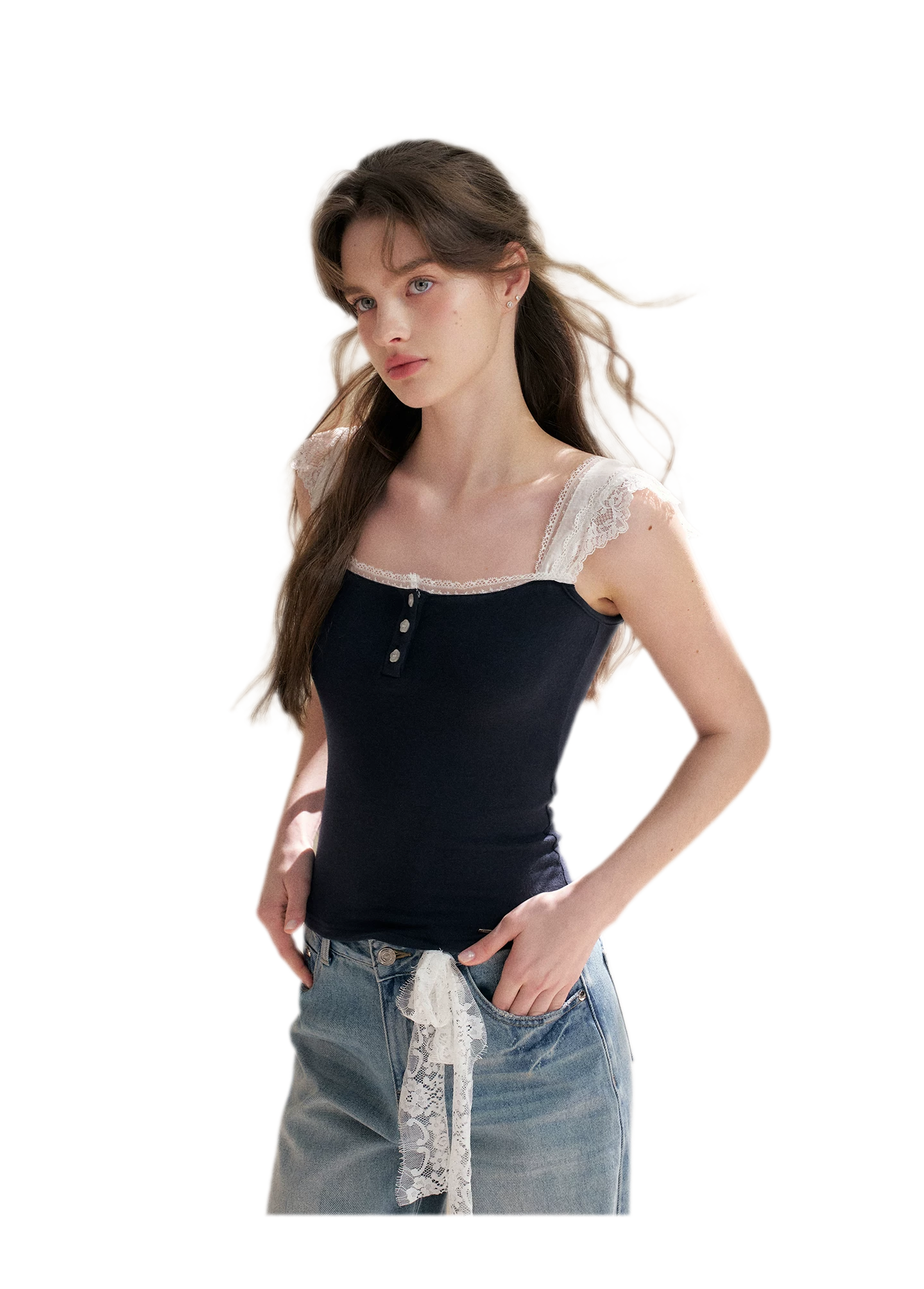 Lace Edge Wide Strap Knit T-Shirt
