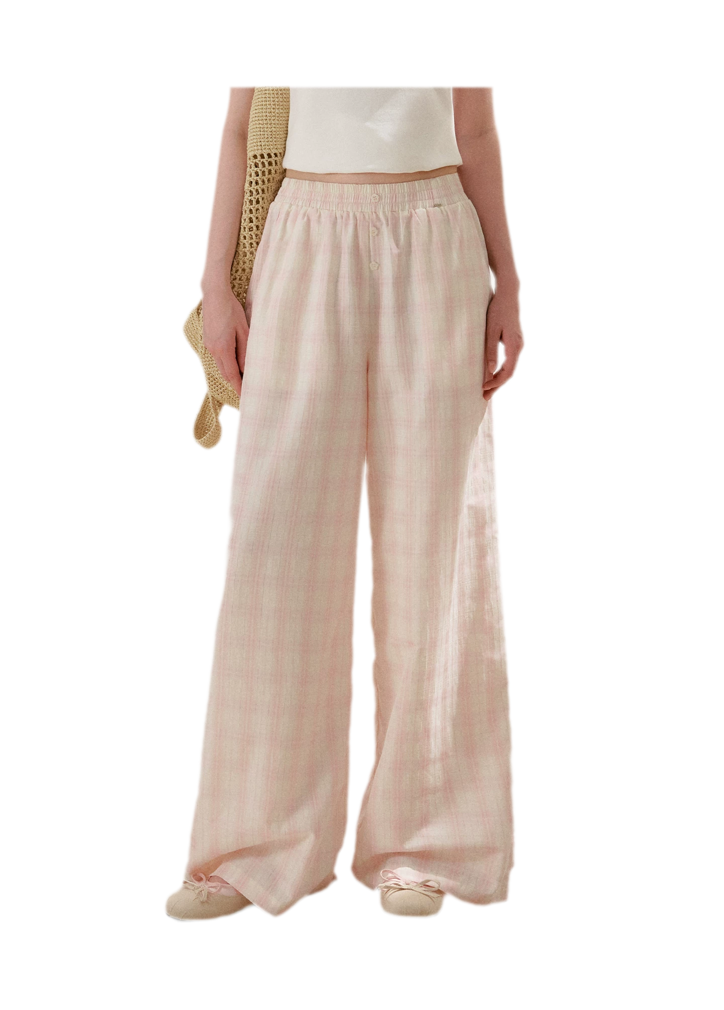 Linen Checkered High-Waist Wide-Leg Pants