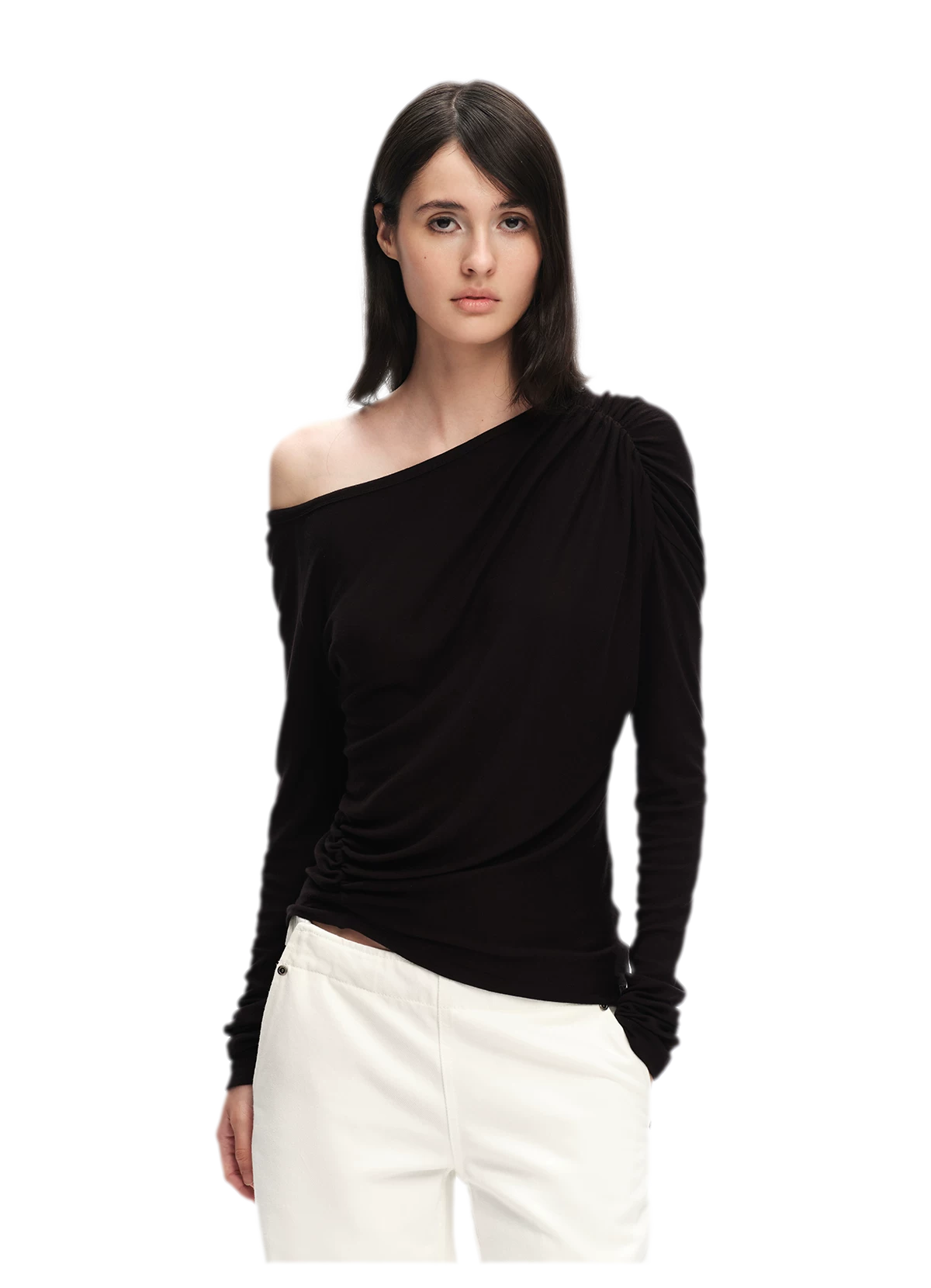 Wool Lyocell Ruched Shoulder Top