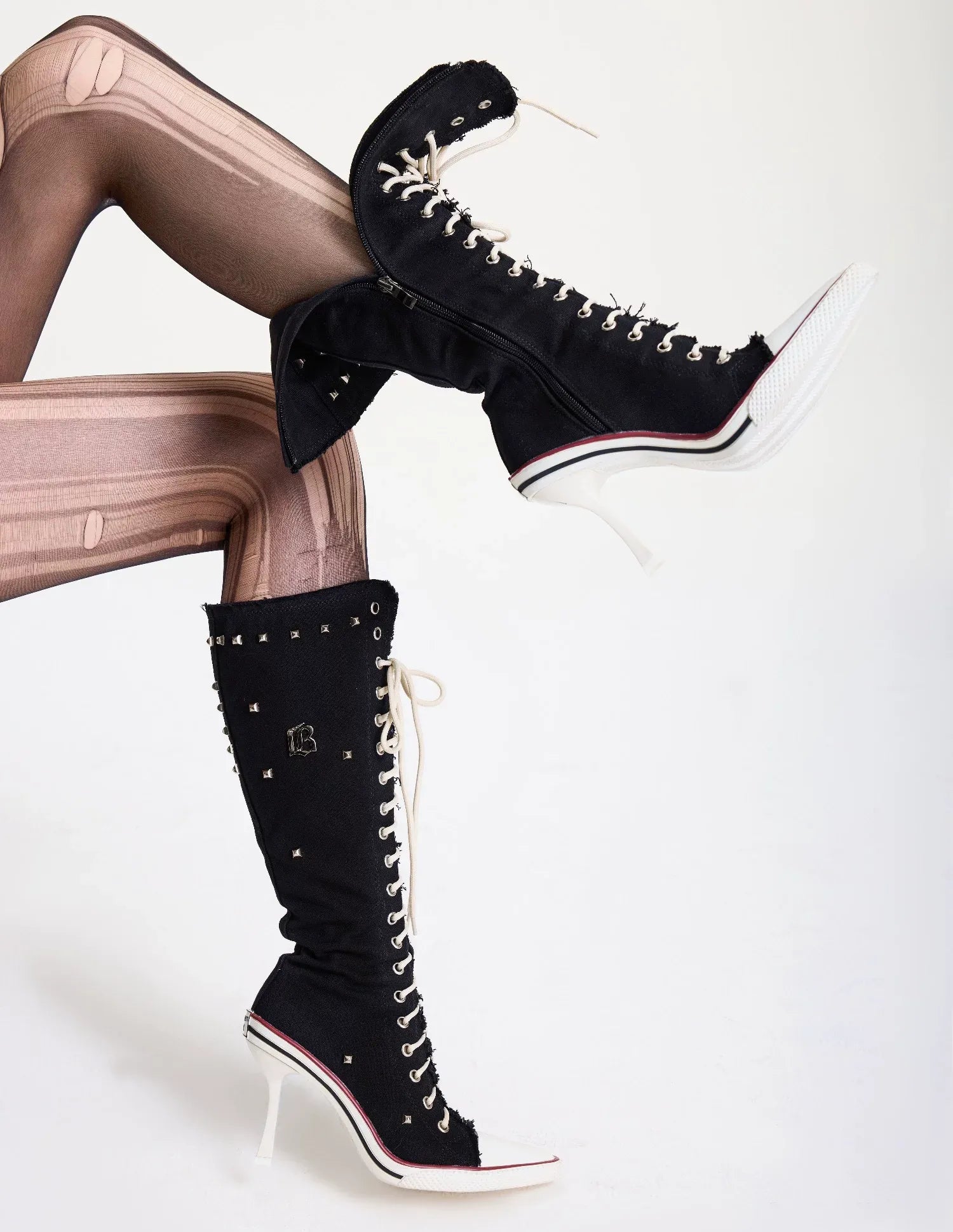 Studded Canvas Knee-High Boots