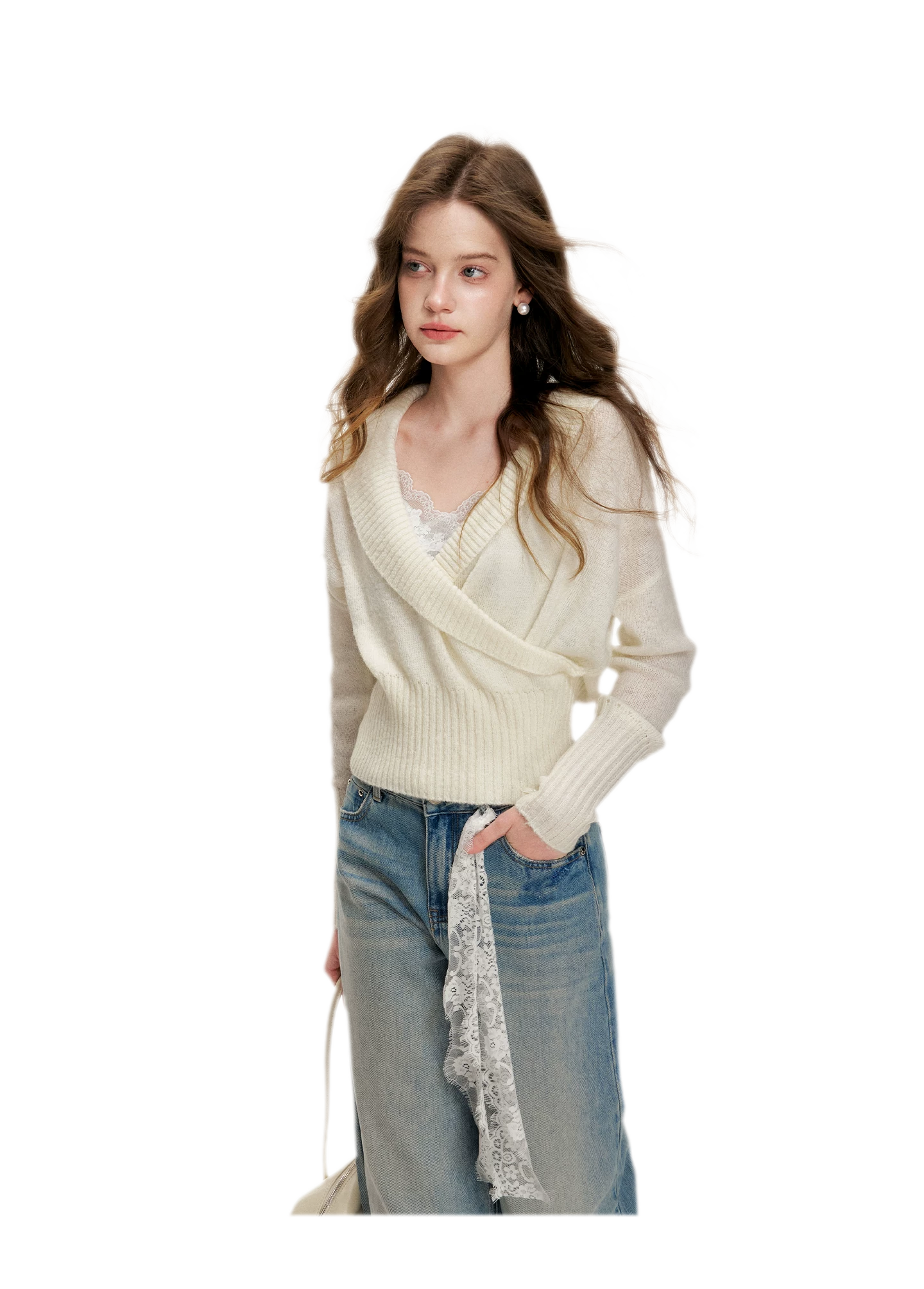 Lace-Trimmed Wide-Leg Denim Pants