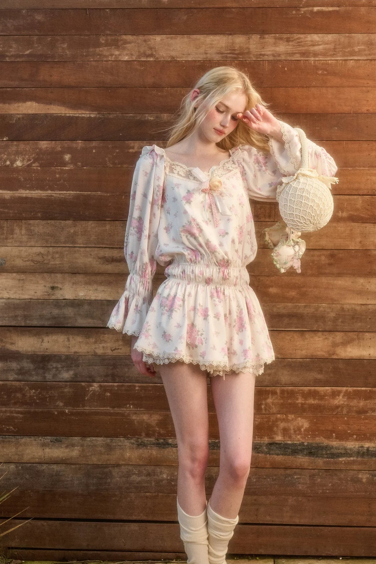 Floral Lace Puff-Sleeve Dress Set