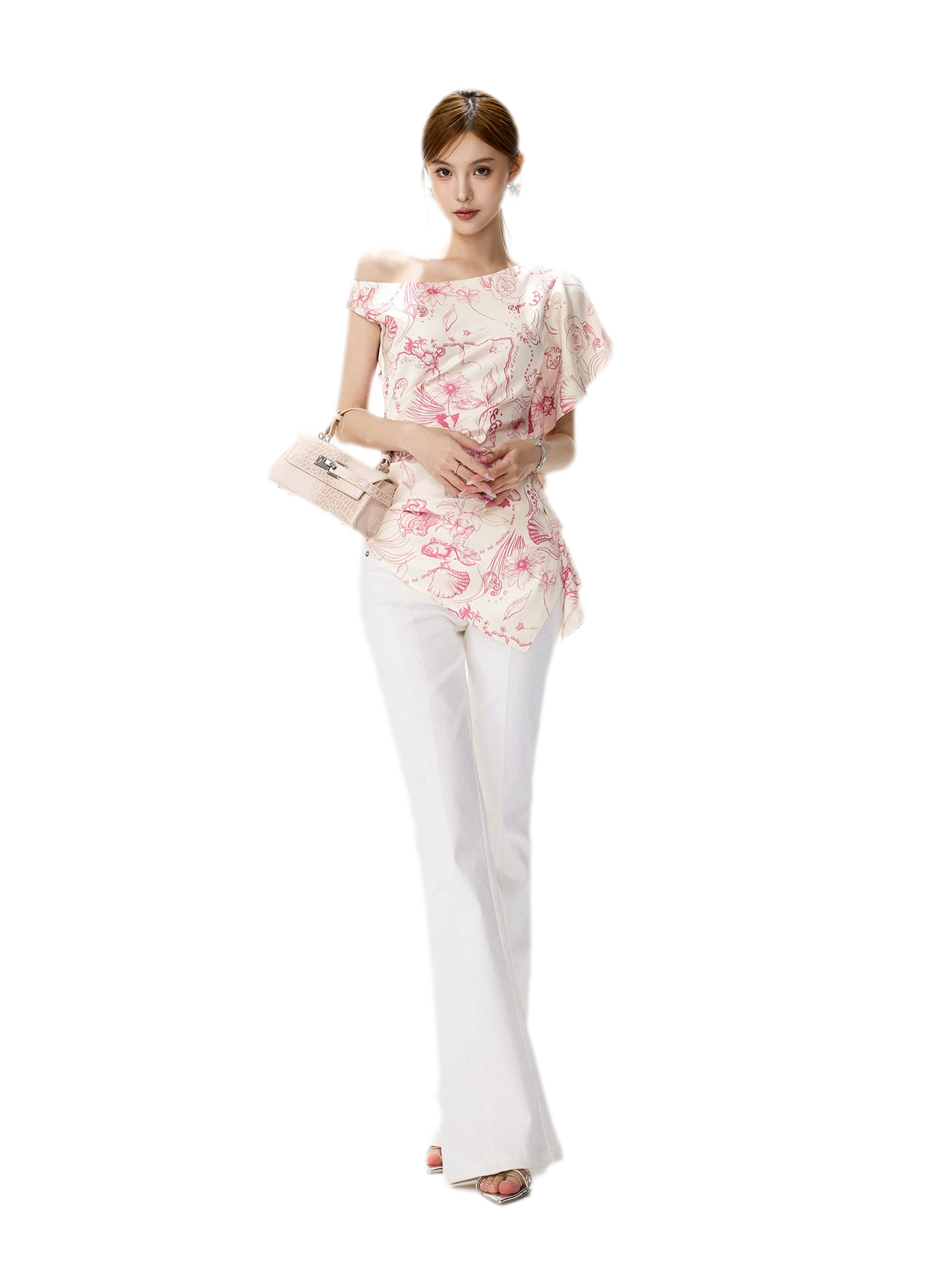 Printed One-Shoulder Ruffle Top