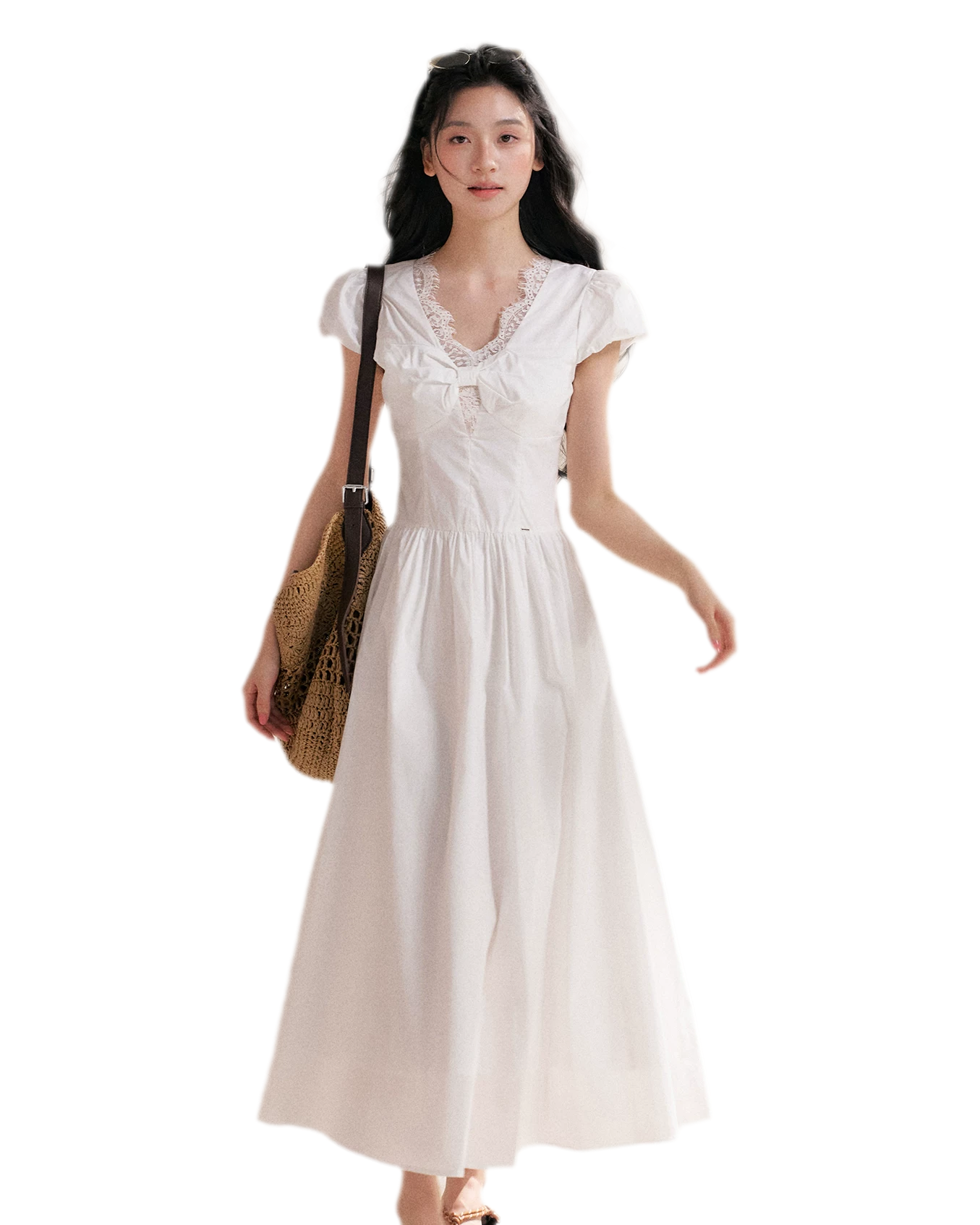 French Lace Puff Sleeve A-Line Dress