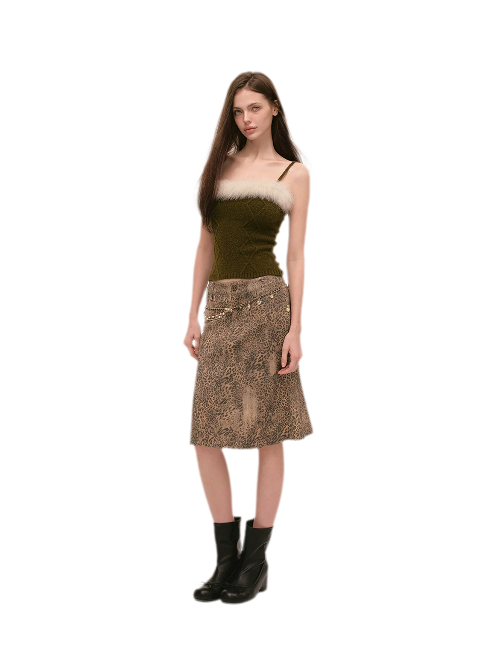 Ensemble tricoté en fourrure de renard à motif losanges