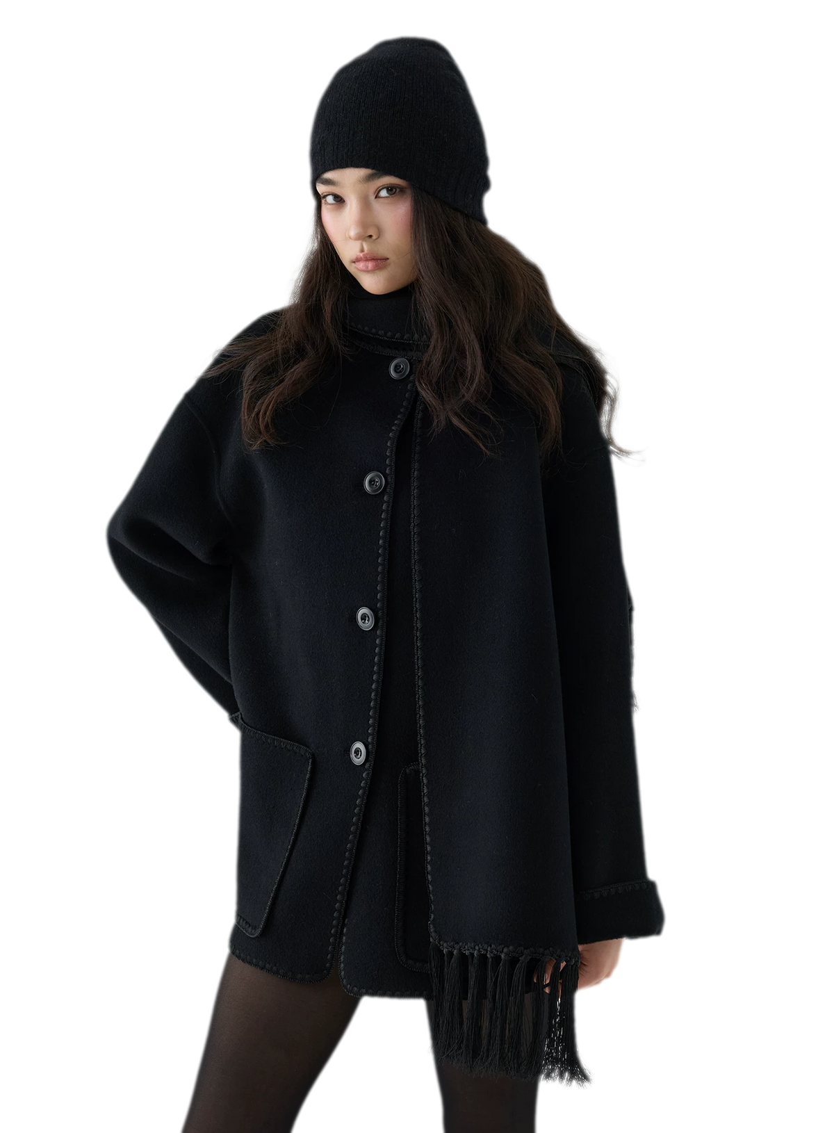 Double-Faced Wool Fringe Cape Coat